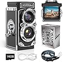Retro Digital Twin-Lens Camera, Vintage Small Video Camera Portable, 1080P FHD 12MP Compact Vlogging Camera with 16GB Card for Beginners Adults Teens Kids Boys Girls, Square Format Frame, Black