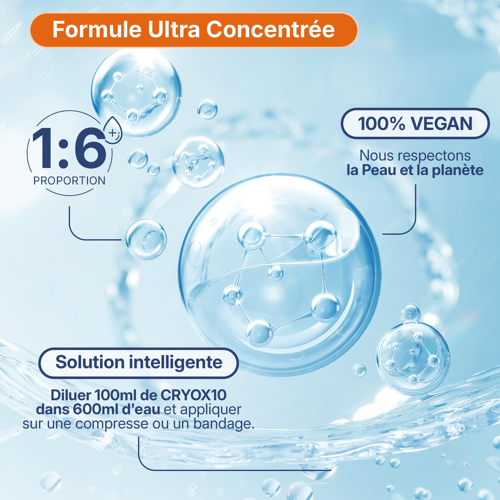 CRYOX10 Lotion Cryogénique Concentrée 1:6 – Cryothérapie Pro et à Domicile | Effet Froid Immédiat, Anti-Cellulite, Draineur | Jambes Lourdes, Muscles Fatigués | En Spray, Gaze, Bande (250)