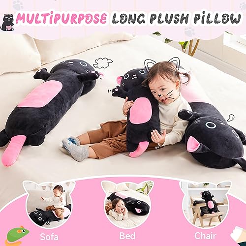 Miniatura 7 de Hallo Deer Almohada larga de felpa de gato, lindos animales de peluche de 35.4 pulgadas, almohada de felpa suave larga de animales de peluche para