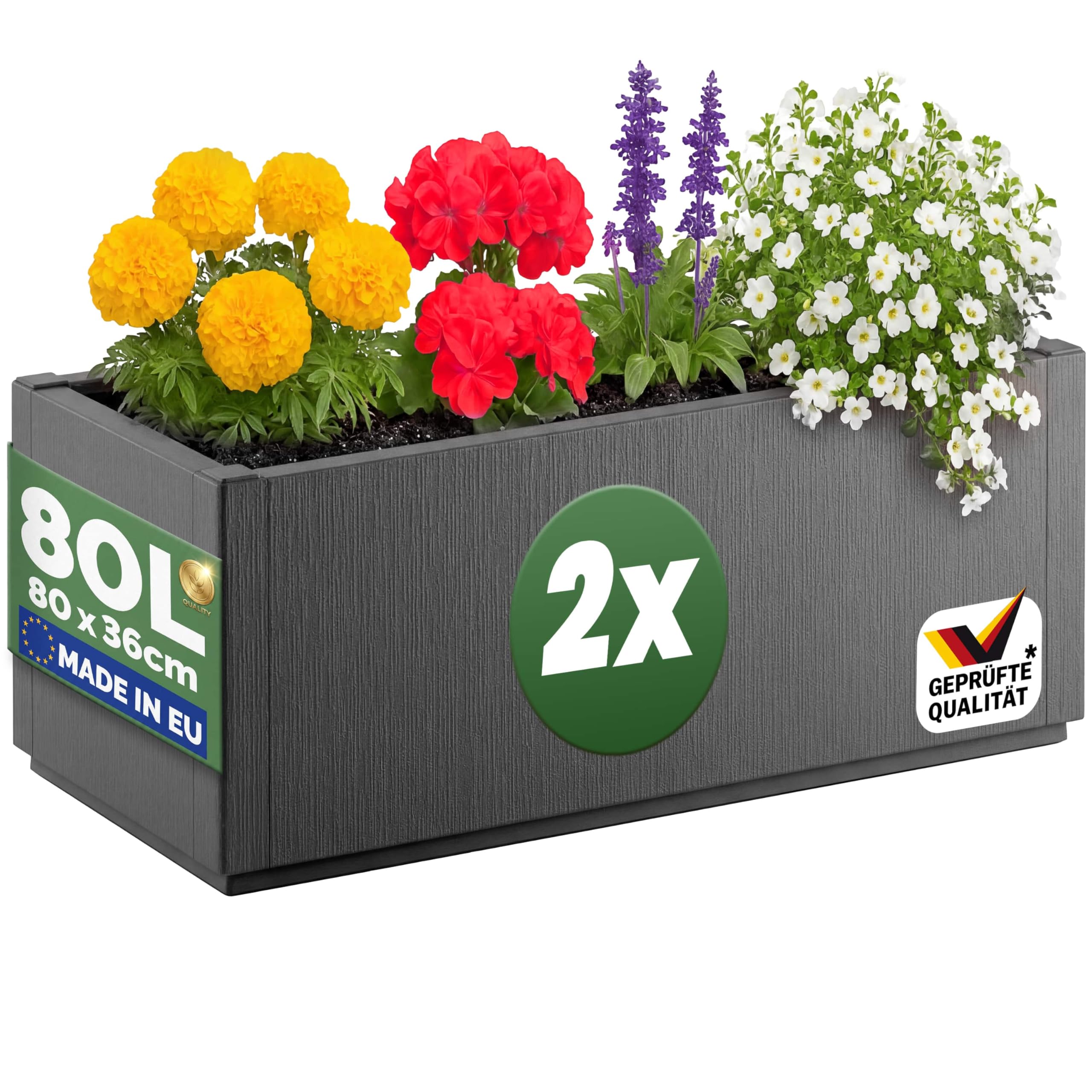 Casaria® 2X Blumenkasten 'Ethica' 80L 80x36x35cm Ablaufboden Kunststoff Winterfest Garten Pflanzkübel Übertopf Pflanzkasten Blumenkübel Anthrazit