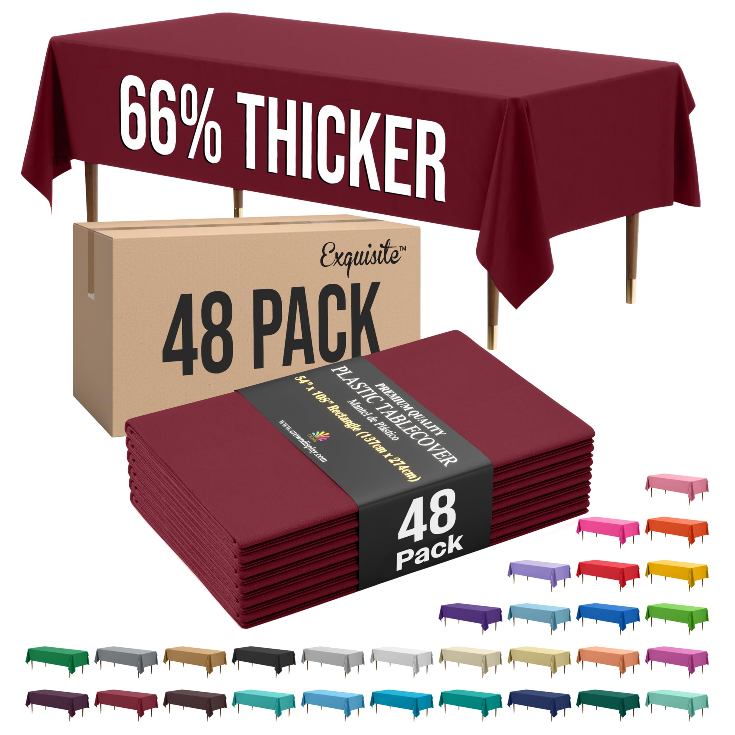 Exquisite 66% Thicker Burgundy Rectangle Tablecloth 54"x108" - 48 Pack