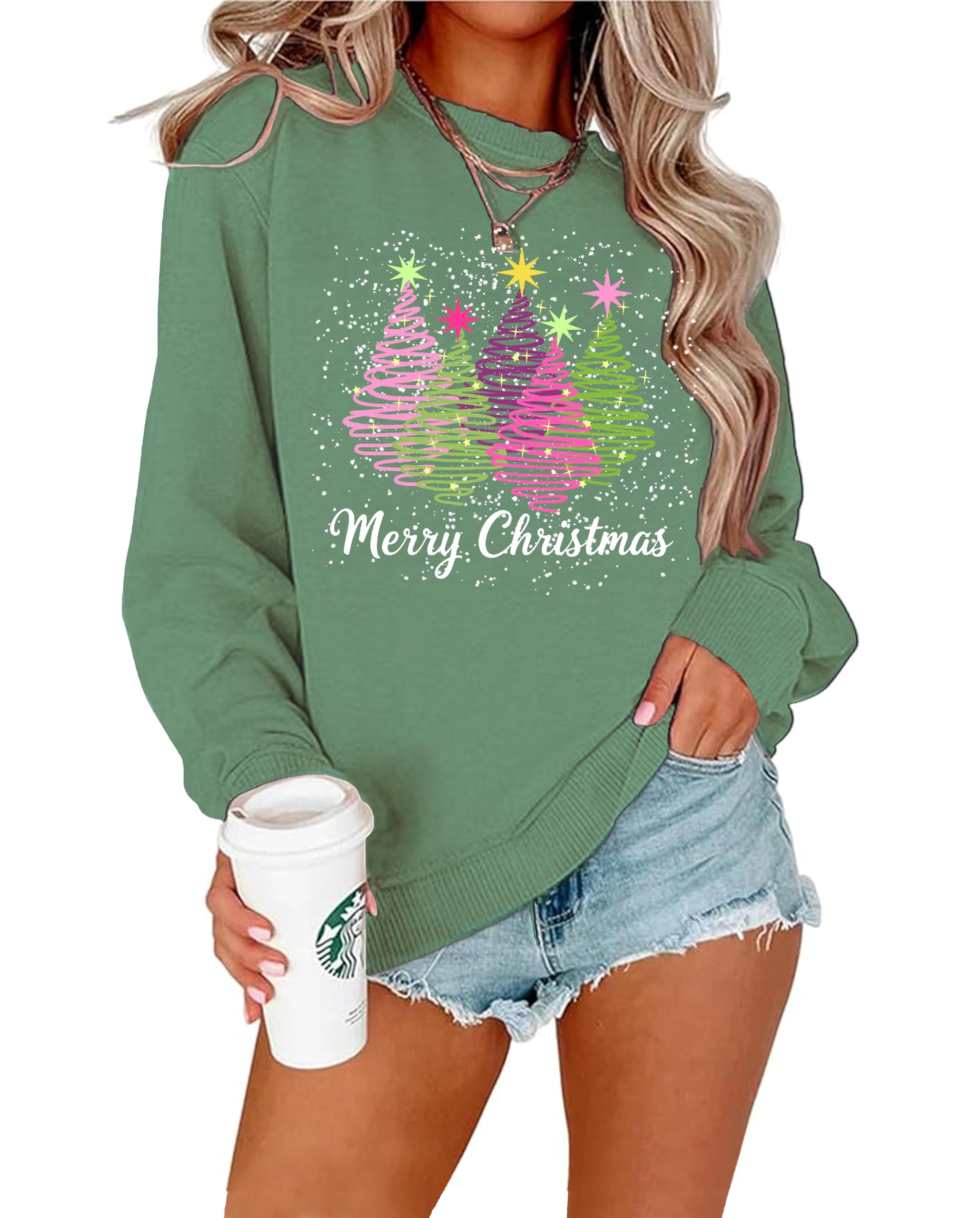 Womens Christmas Sweatshirt Christmas Tree Graphic Long Sleeve Shirts Xmas Holiday Pullover Tops Blouse-image-17