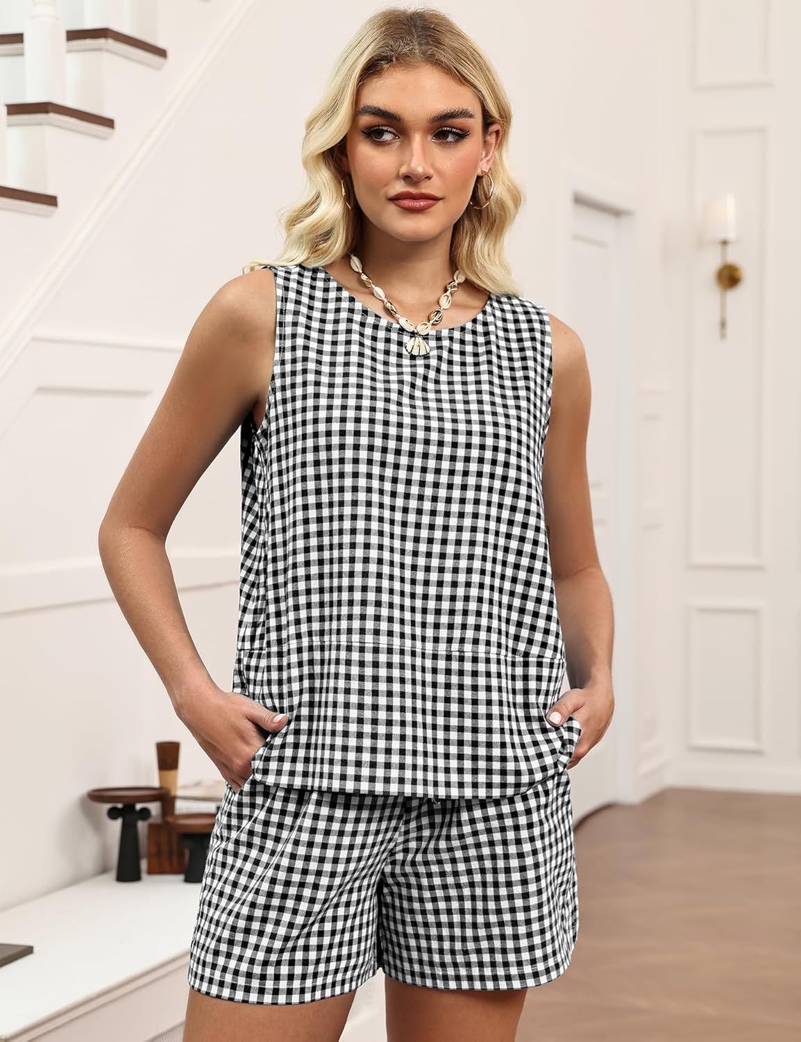 LOMON Women's Trendy 2 Piece Outfits Shorts Sets Summer Crew Neck Sleeveless Tank Top and Bottom Matching with Pockets 2026 - Image 4