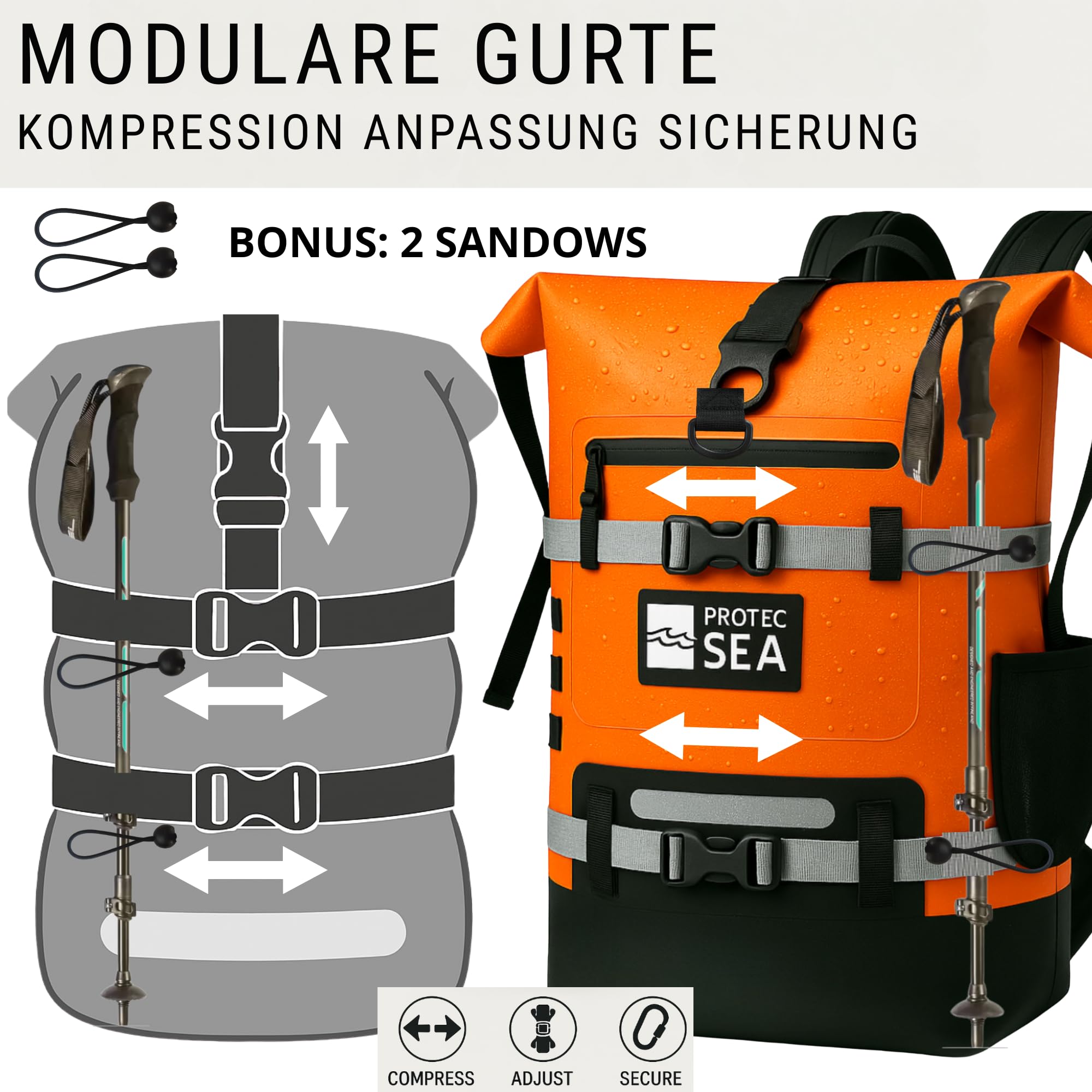 Rucksack, wasserdicht, Orange, 30 l, wasserdicht IPX6, für Wassersport, Kajak, Paddle, Boot, viele Befestigungen, Vordertasche, Wassertasche, bequemer Transport