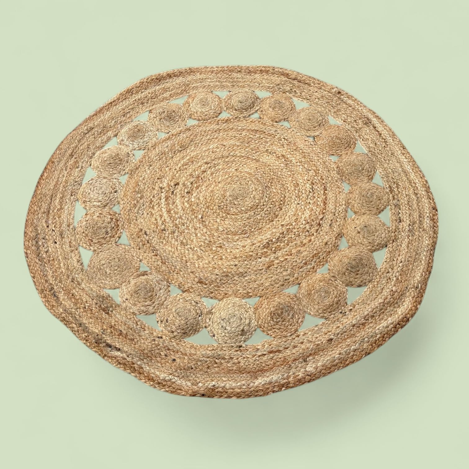 Tappeto Rotondo in Juta Naturale 100%, Intrecciato e Stile Boho Nordico per Soggiorno Camera Ingresso Patio Veranda (Ricamo, cm_110_diamentro)