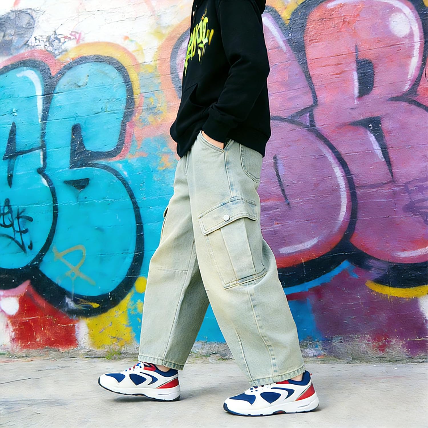 Boys Baggy Jeans Barrel Y2k Street Denim Cargo Pants, Loose Fit Elastic Waist Multi-Pockets Kids Size 8-12 - Image 3