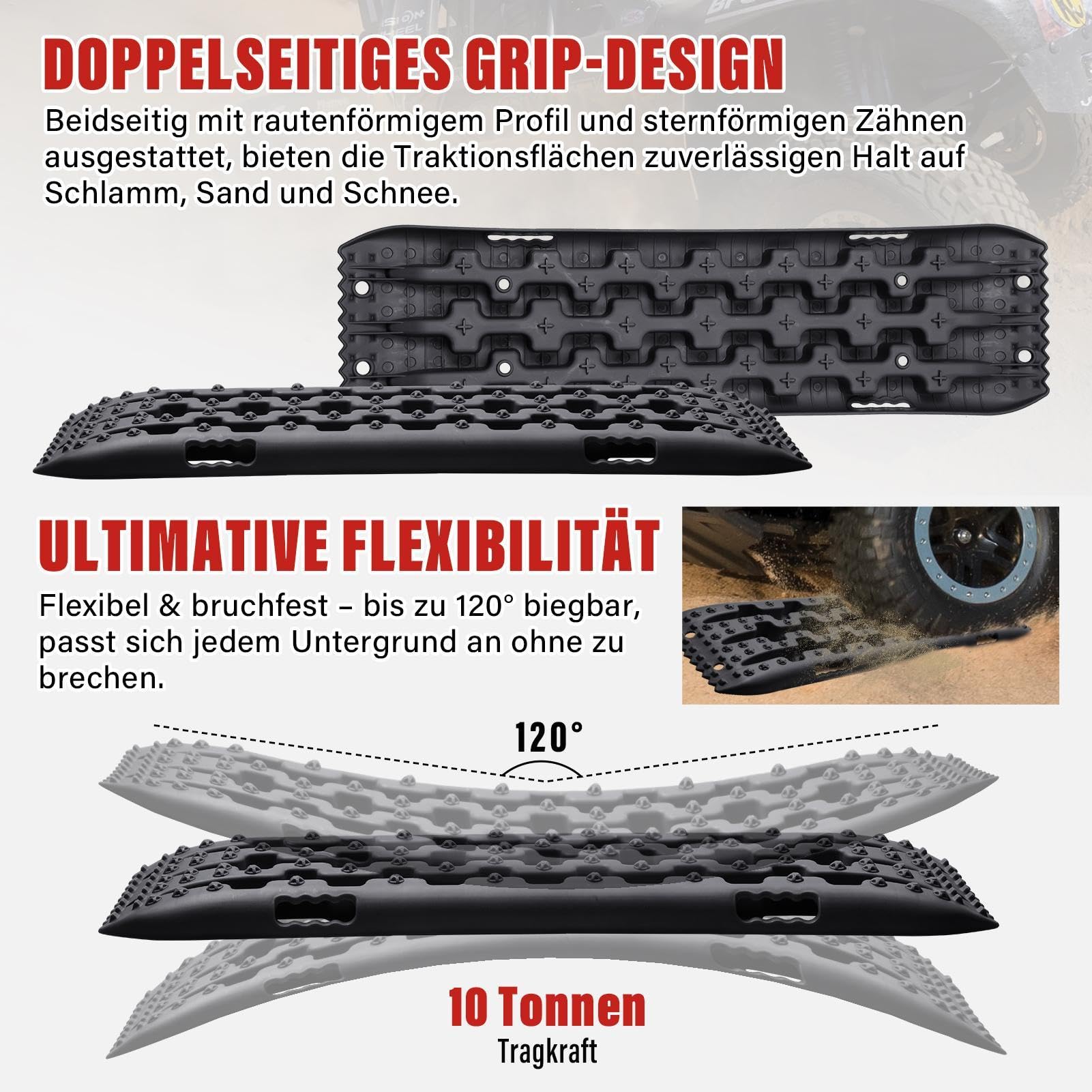 Bergebrett 10000 kg Sandbleche 2 Stück 104,5x28.5x6cm Geländekonsole mit U‑Profil & doppelseitigen Stollen Anti‑Rutsch Matte für Auto SUV LKW Schnee Sand Schlamm Pannenhilfe Schwarz