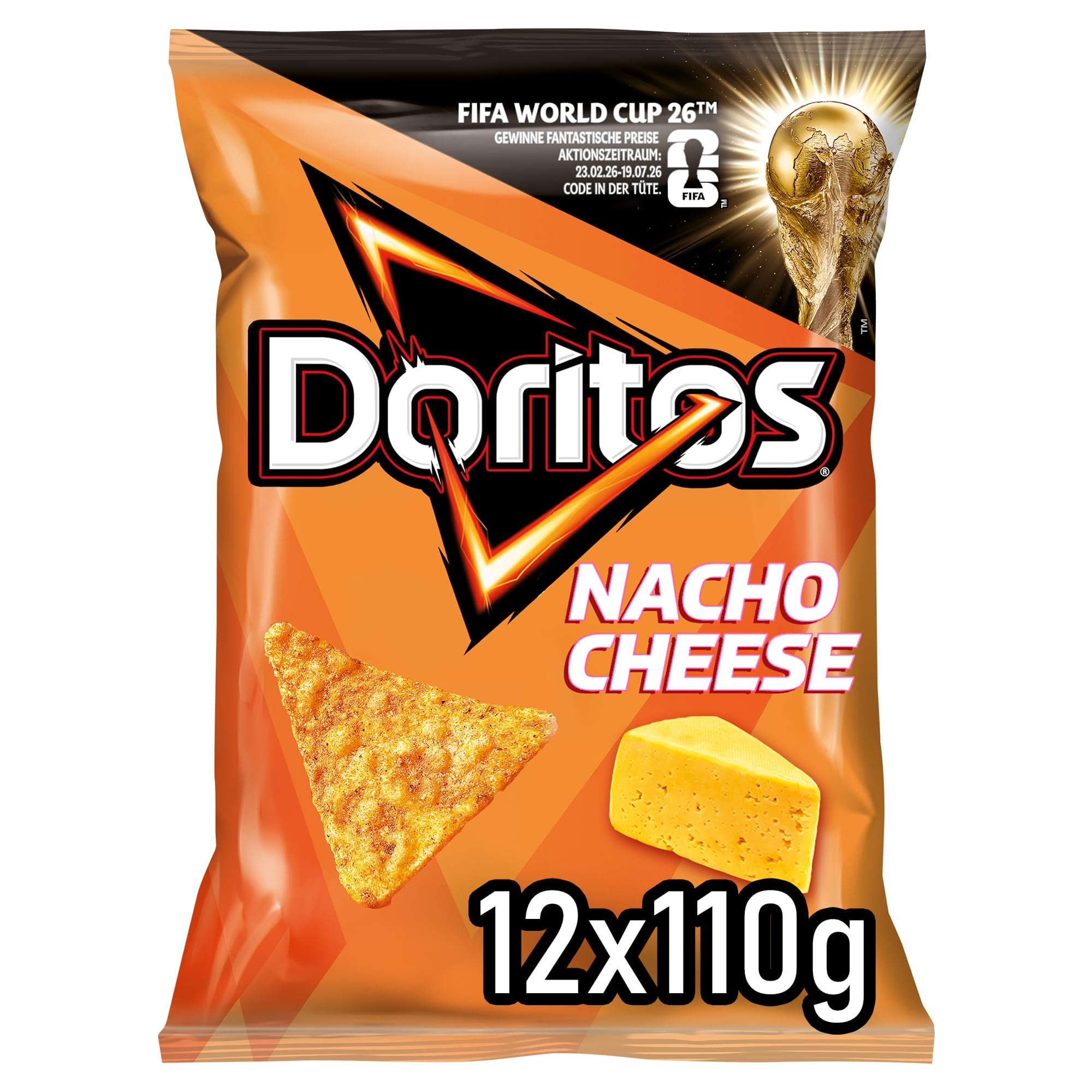 Doritos Nacho Cheese -Tortilla Nachos mit Käse Geschmack - Herzhafter Snack zum Knabbern aus Mais (12 x 110g) (Verpackungsdesign kann abweichen)