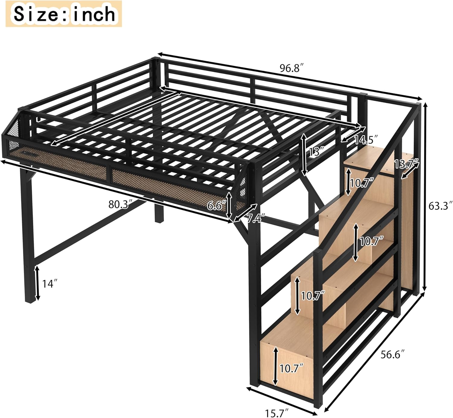 Bellemave Queen Loft Bed with Stairs and Wardrobe, Queen Size Loft Bed with Charging Station, Lights and Bedside Shelf, Heavy Duty Loft Bed Frame for Adults, Teens, Kids, Noise Free, Natural Wood