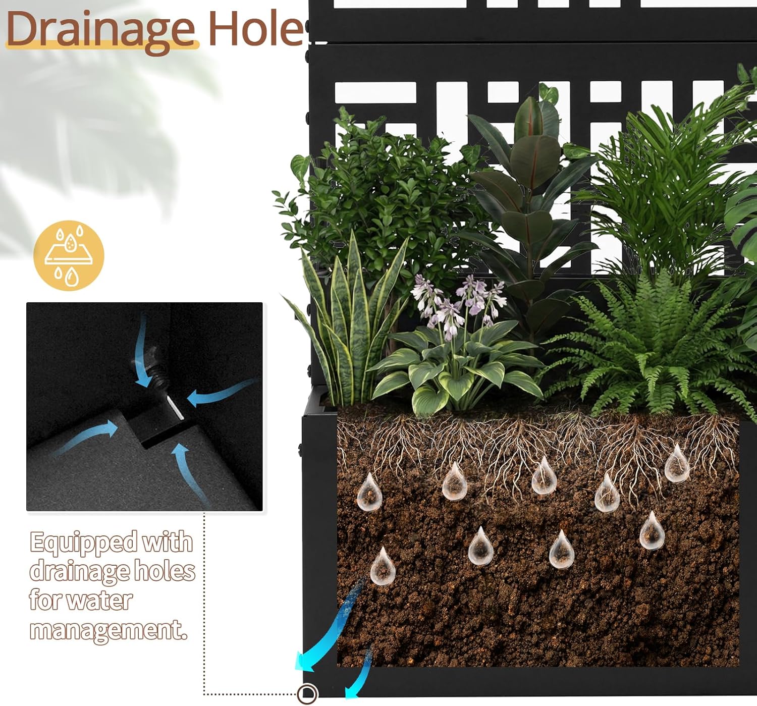 Outvita Metal Planter Box with Trellis, 44’’ x 24’’ x 9’’ Raised Garden Bed with Drainage Holes for Climbing Plants, Vegetables, Vines, Privacy Planters for Patio (Black)
