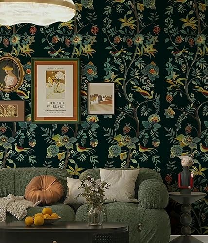 Miniatura 7 de Toduso Papel tapiz para despegar y pegar, papel tapiz floral vintage, papel de contacto con flores verdes, pájaros, árbol, papel de contacto,