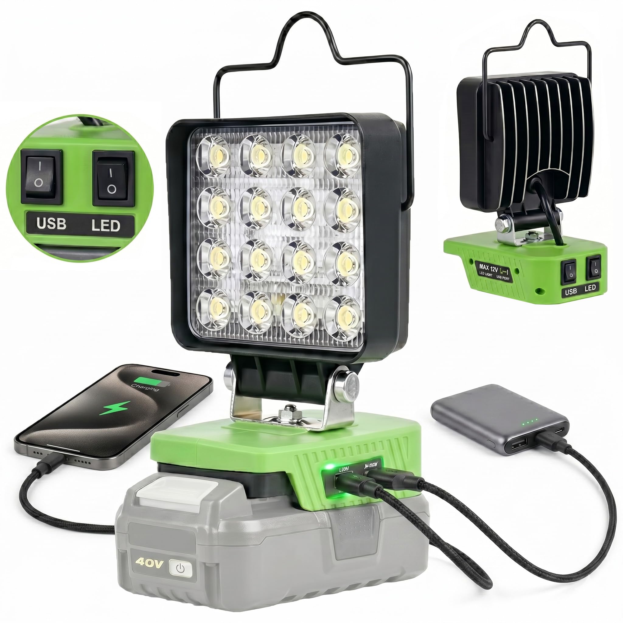Lámpara de trabajo para Ryobi 40 V, 48 W, 6800 lm, luz de inundación inalámbrica portátil con USB y conector de carga rápida tipo C para herramientas Ryobi, foco LED para camping, pesca, taller (no