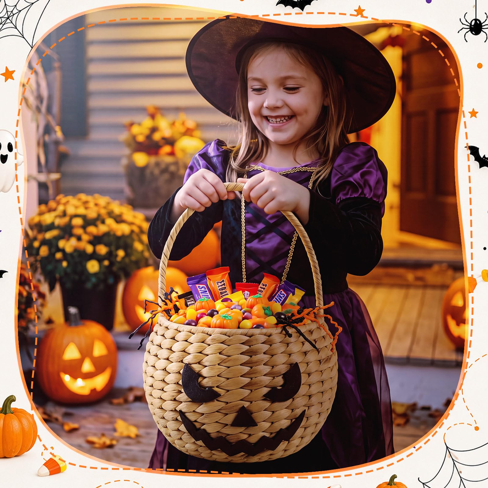Kathfly Cesta de calabaza de jacinto de agua con asa, 9 x 7 x 5 pulgadas, cesta de almacenamiento de calabaza tejida a mano para dulce o truco, almacenamiento de dulces, fiesta de Halloween