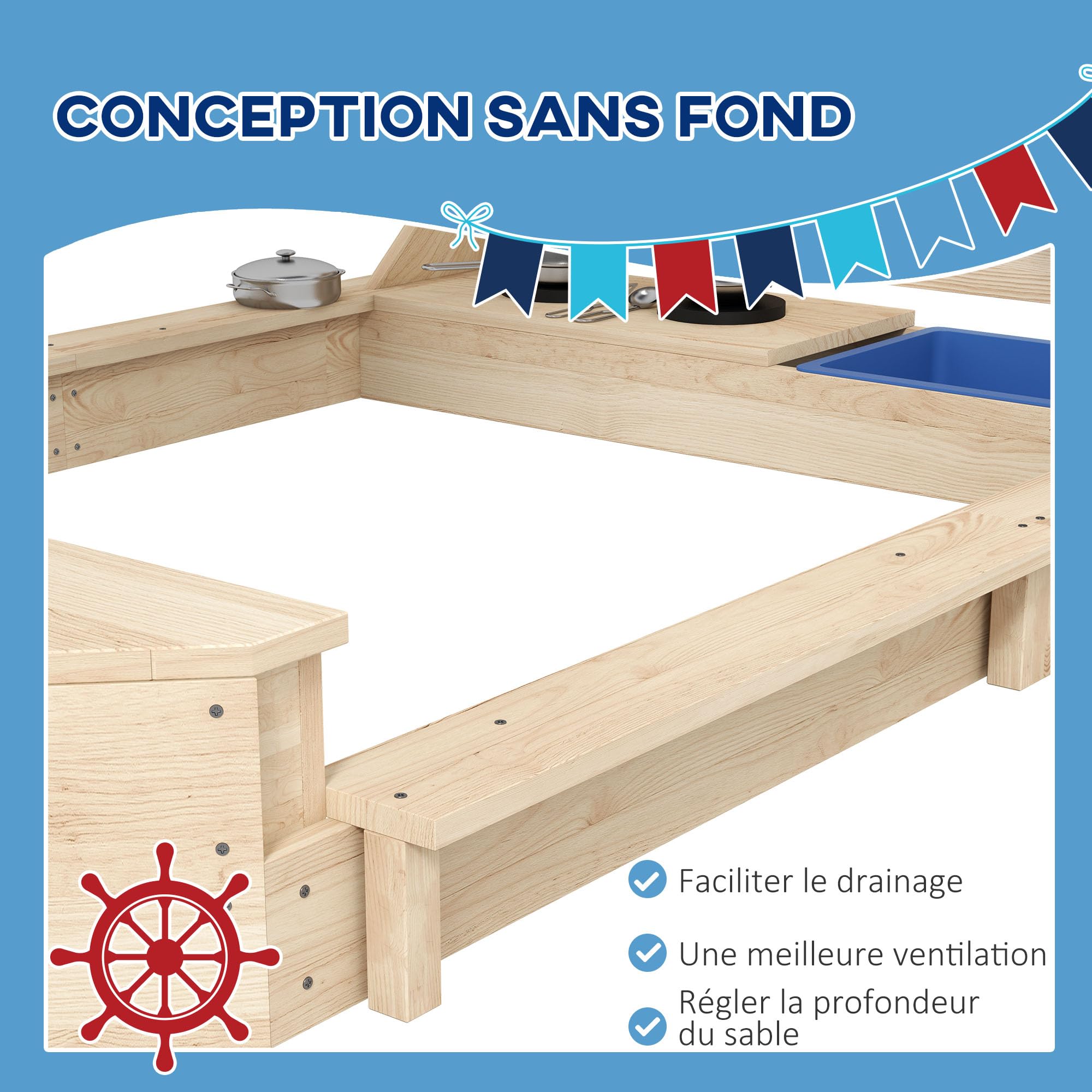 Outsunny Bac à Sable Bateau Pirate Voile d'ombrage 180 x 103 x 144,5 cm | jeu de cuisine, 6 accessoires, coffre rangement, gouvernail, drapeau, en bois, naturel