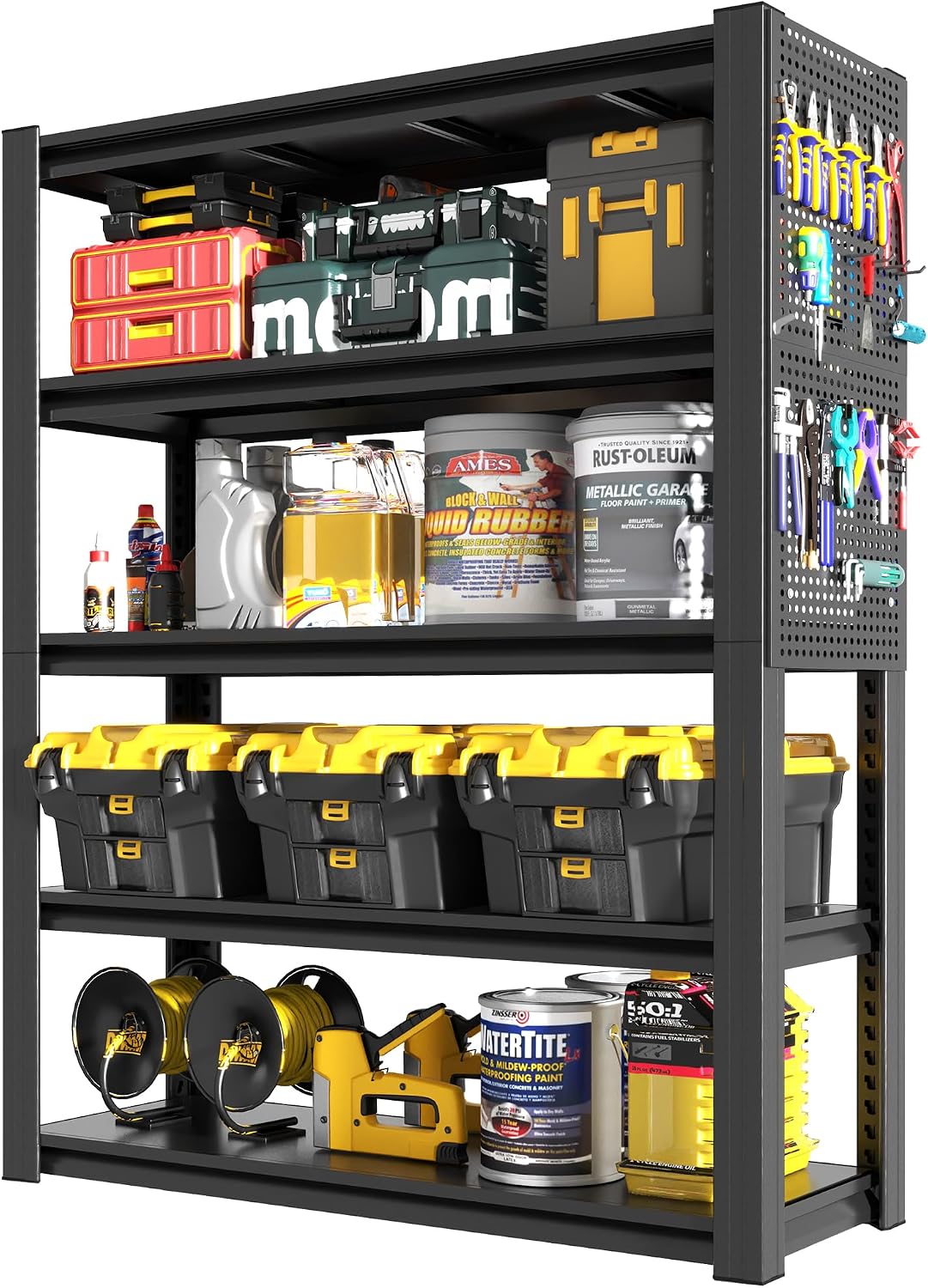 72"H 5-Tier Shelving Unit with Pegboard, 2000 Lbs Capacity Heavy Duty Storage Adjustable Metal Shelves, Industrial Steel Storage Rack for Garage, Warehouse, Office, Kitchen, 47.2"W x 23.6"D x 72"H