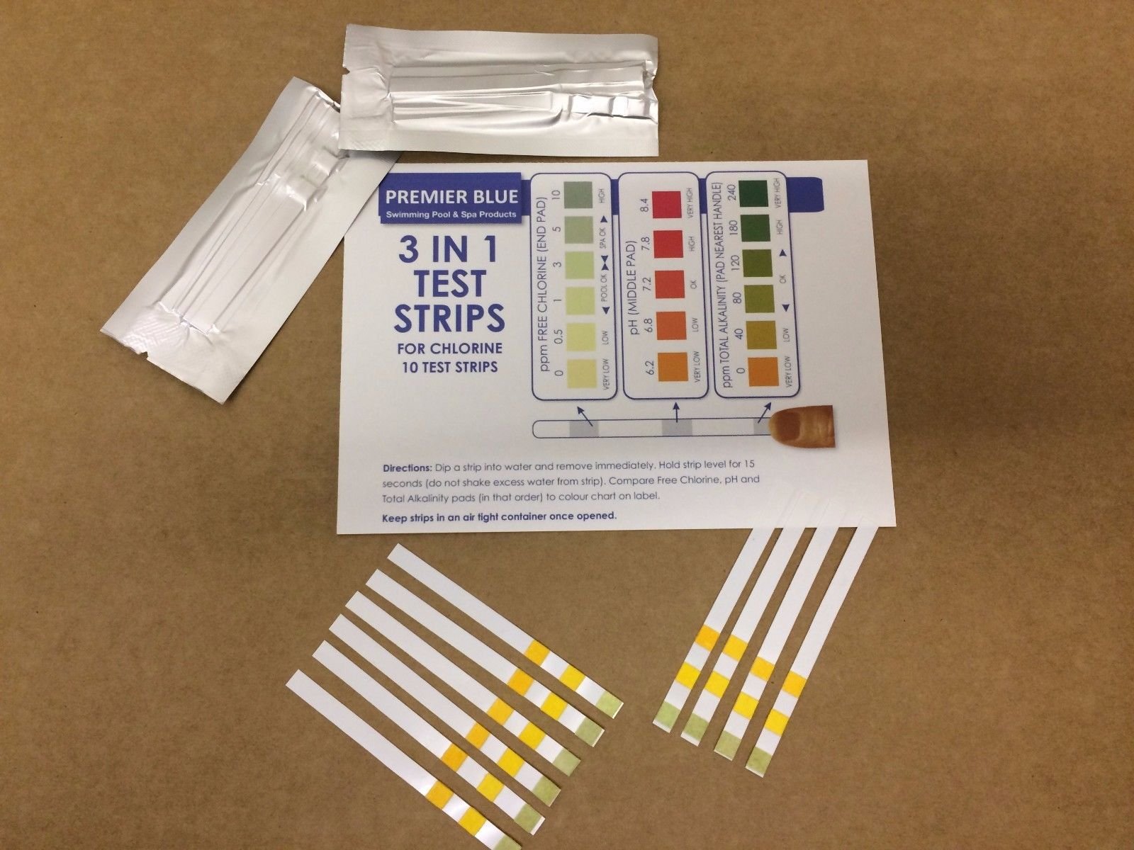 Premier Blue 3 in 1 Chlorine Test Strips for Swimming Pools (50)