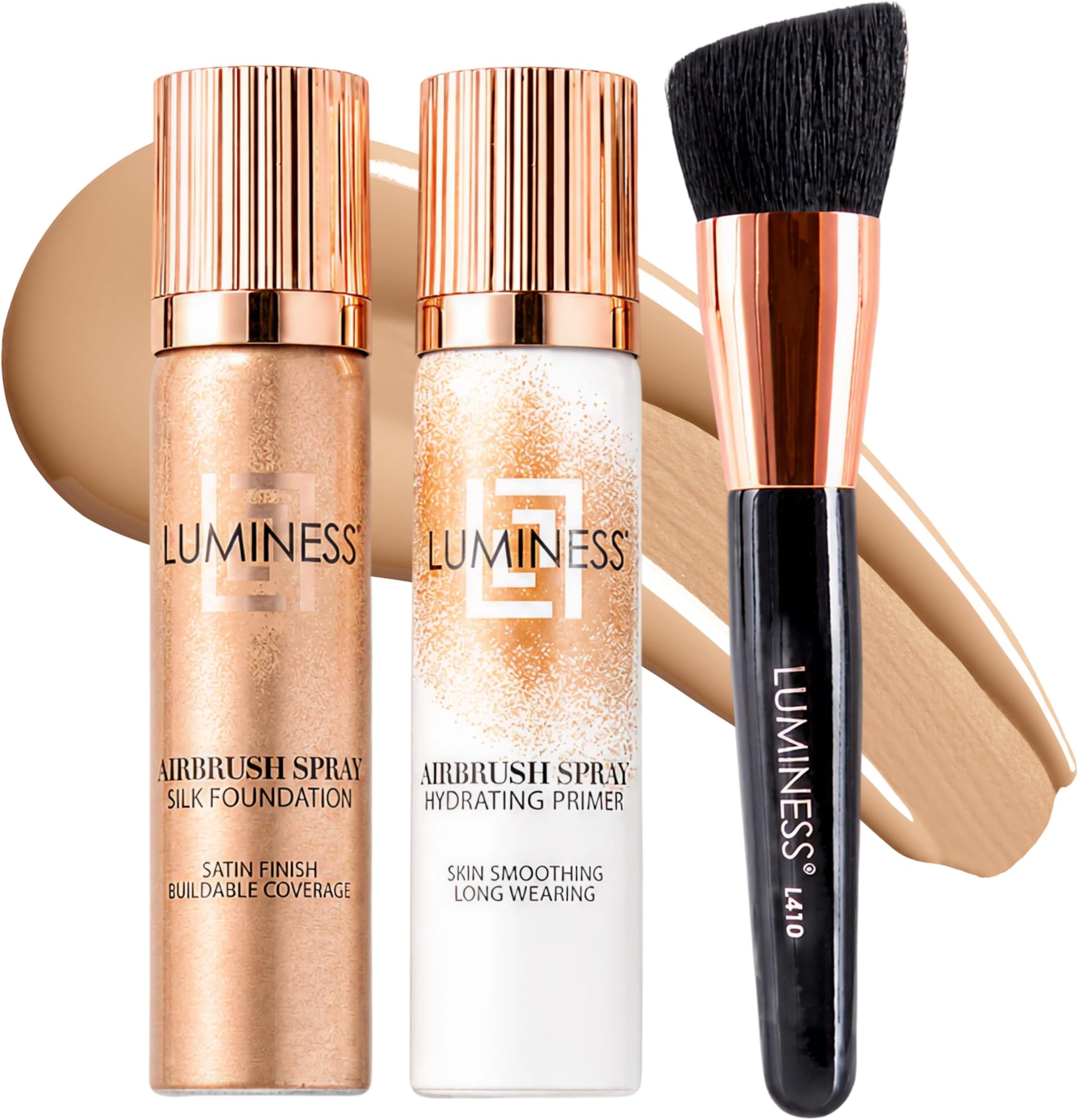 LUMINESS Silk Airbrush Spray Foundation Makeup Starter Kit- Full Coverage Foundation, Primer & Dual-Sided Buffing Brush-Buildable Coverage, Anti-Aging Formula Hydrate & Moisturize (Shade-Light Medium)