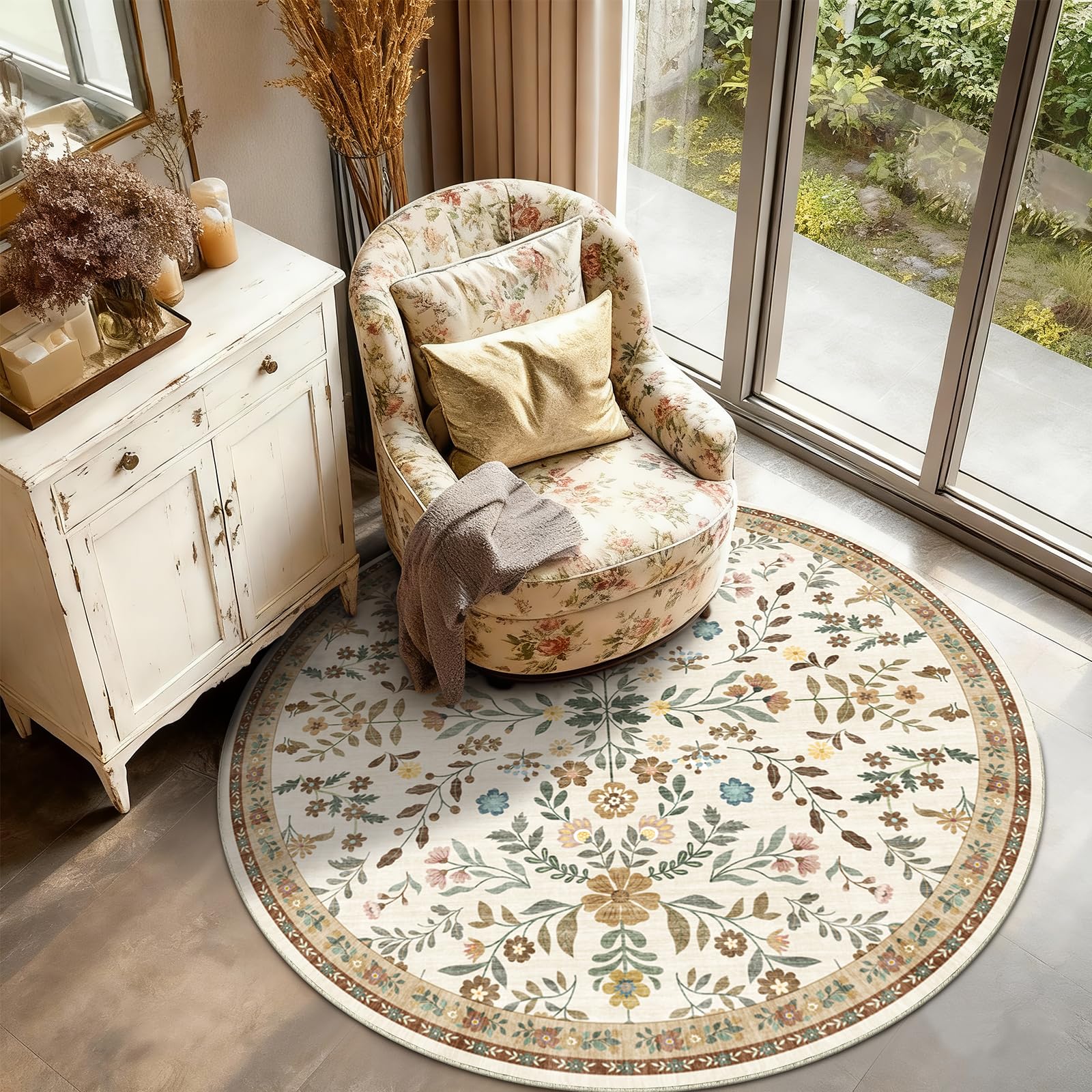 XSIVOD Round Floral Rugs for Living Room, Boho Washable Area Rugs for Bedroom, Non Slip Vintage Rugs for Dining Room Home Office, Soft Low Pile Floor Carpet for Home Decor, 120x120 cm, Beige/Harmony