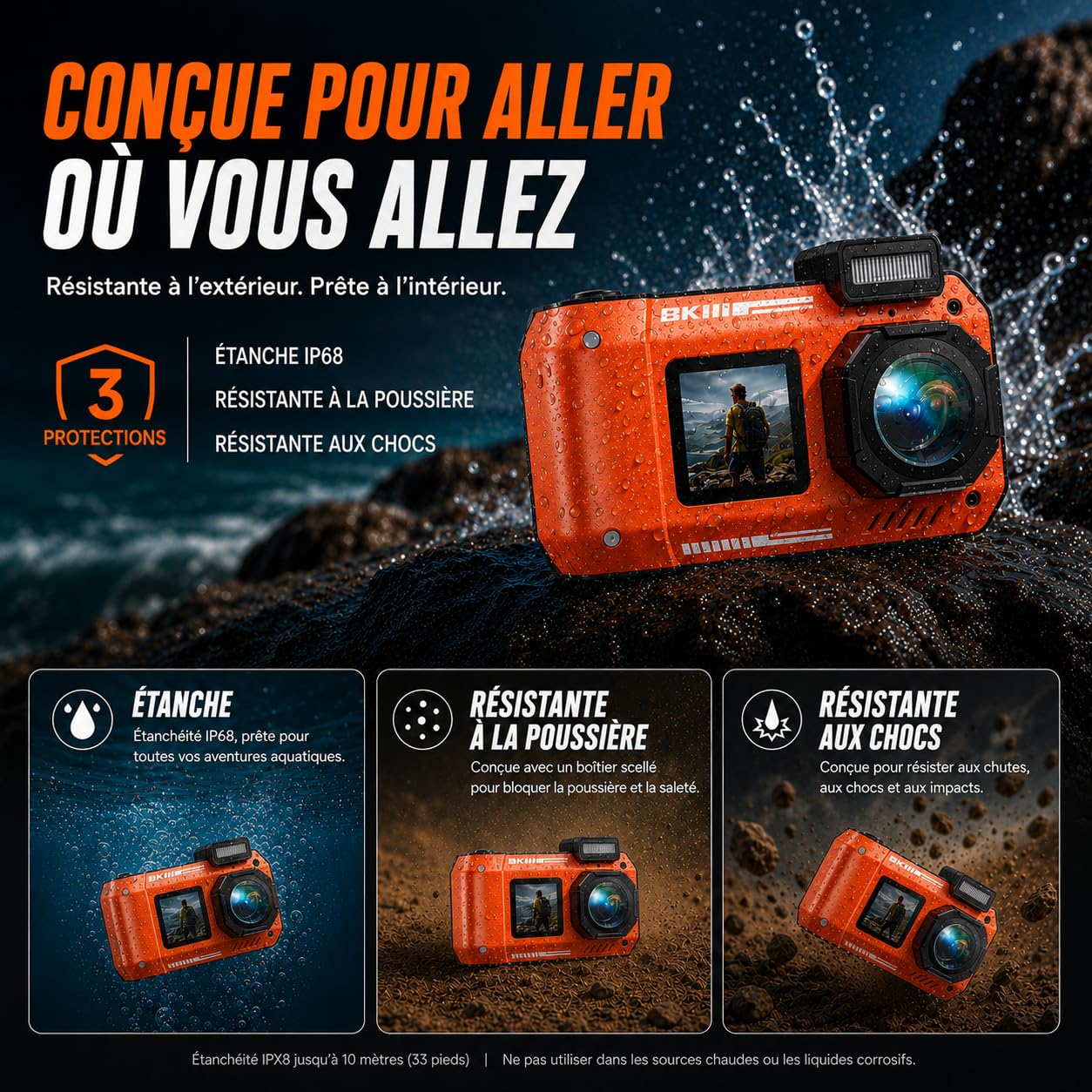 MaxMango D50 33FT Appareil Photo Numérique Etanche，8K 70MP Caméra sous-Marine avec 16 Go de Stockage, Double écran 18x, Résistante à la Poussière et Aux Chocs, Autofocus - Orange