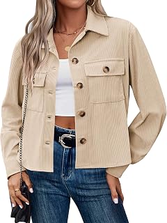 Womens Fashion Cropped Corduroy Shackets Button Down Jackets Tops Fall Trendy Lightweight Long Sleeve Shirts