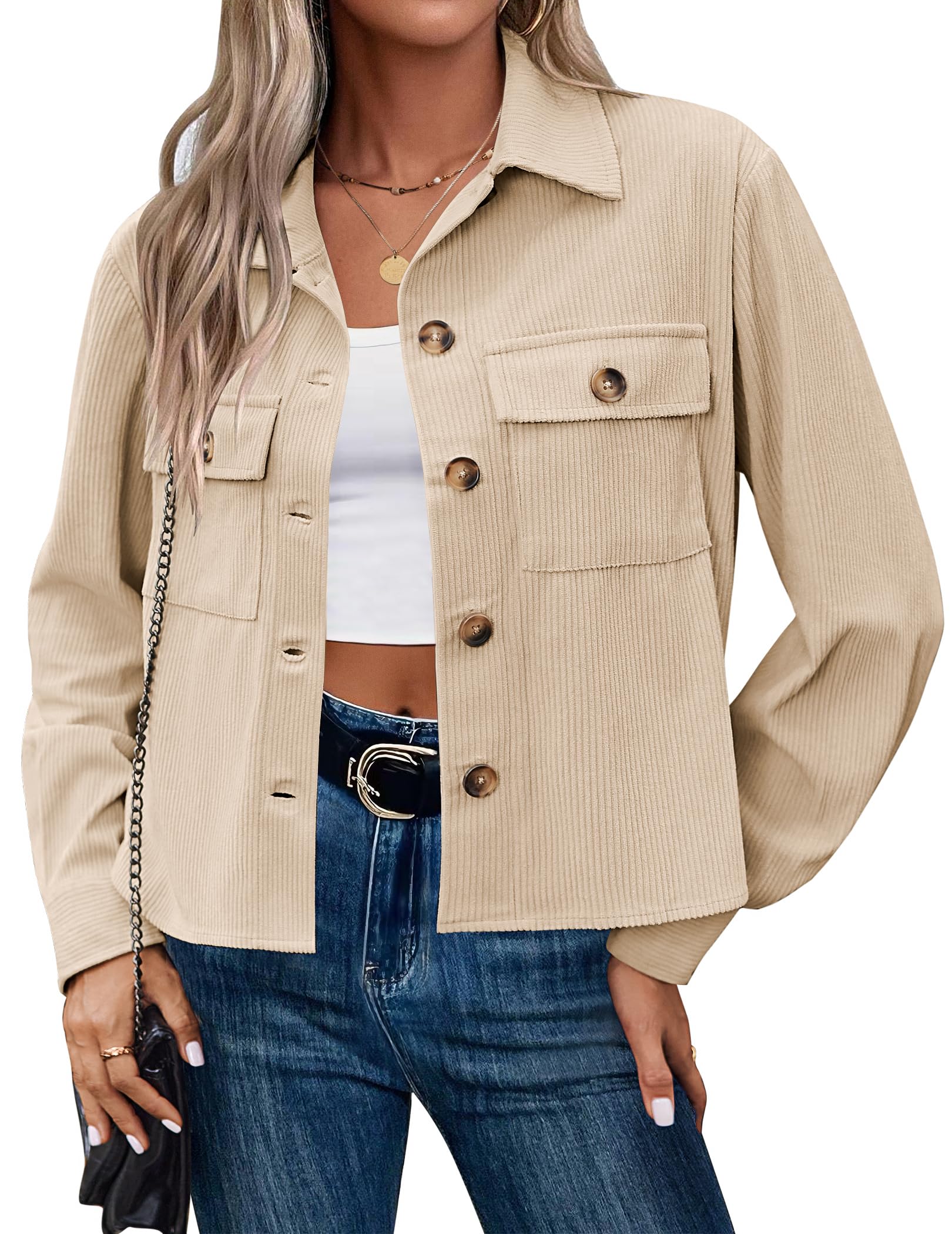 Hotouch Cordjacke Damen Langarm Button Down Blouson Jacke mit Taschen Casaul Jacken Kurze Cord Jacke