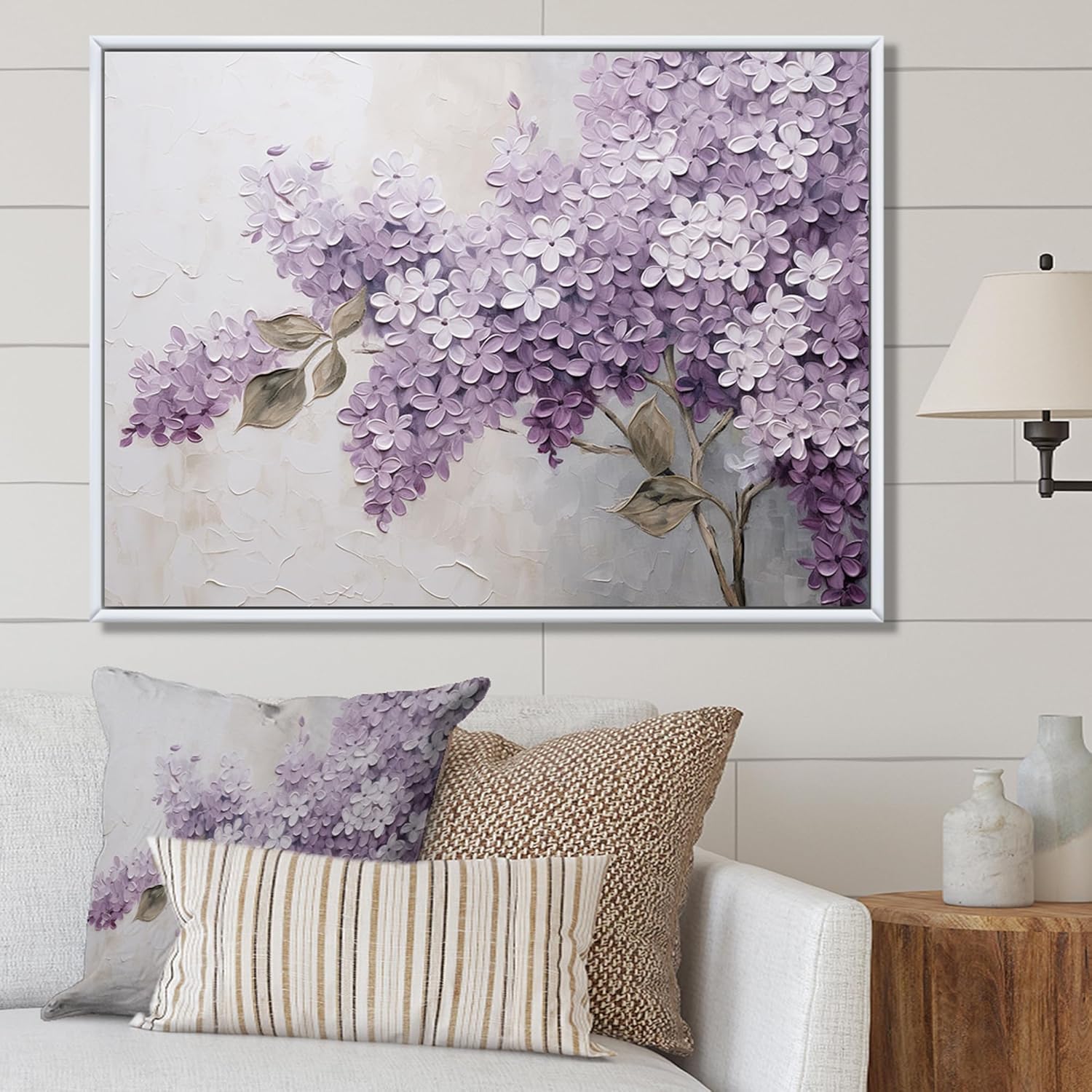 Lilacs Framed Wall Art, Dreamscape Of Beautiful Lilacs, 32x24 Inches, Natural Brown Frame