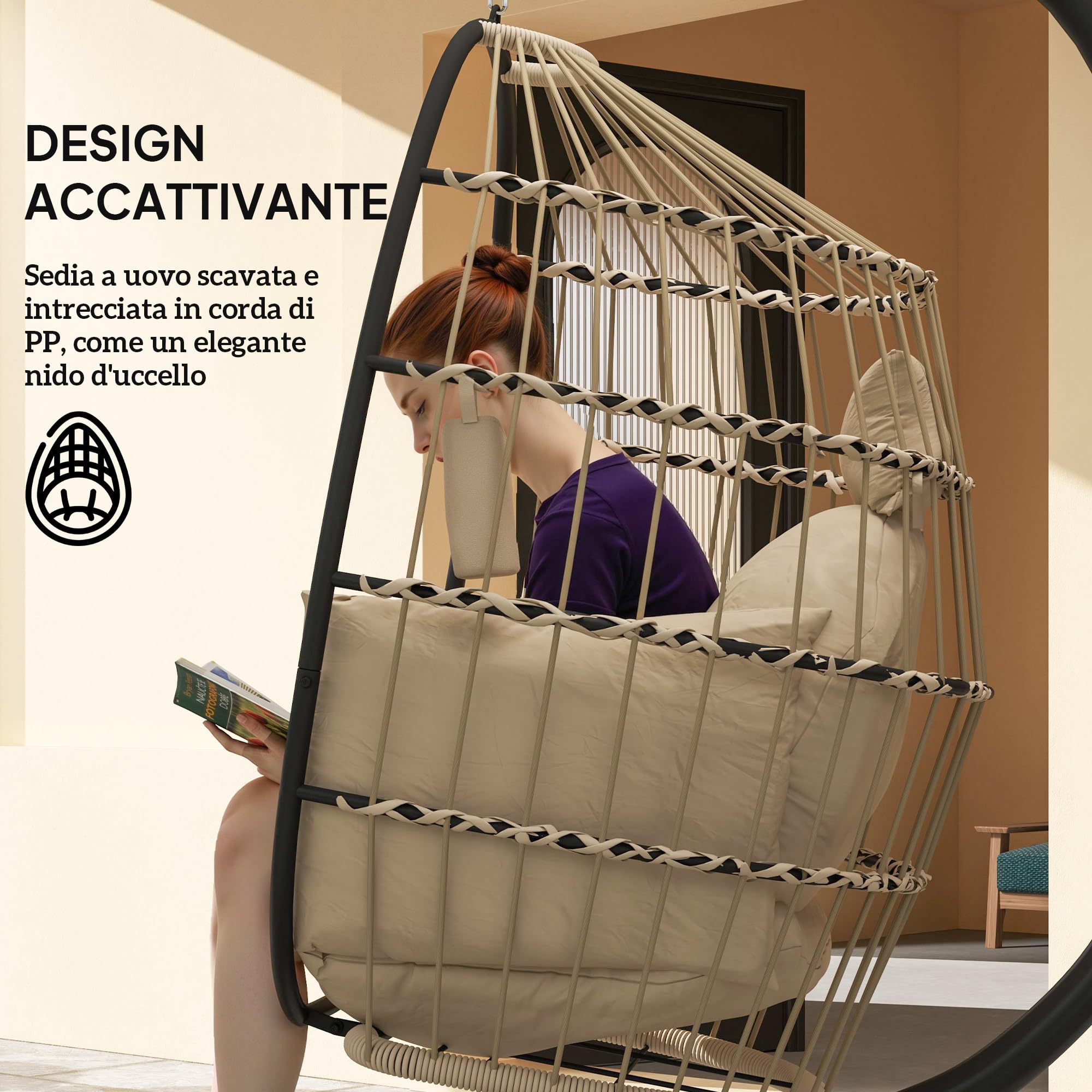 Outsunny Poltrona Sospesa a Uovo 120x88x192 cm Cachi con Gancio Regolabile 2 Cuscini Lavabili Base Acciaio