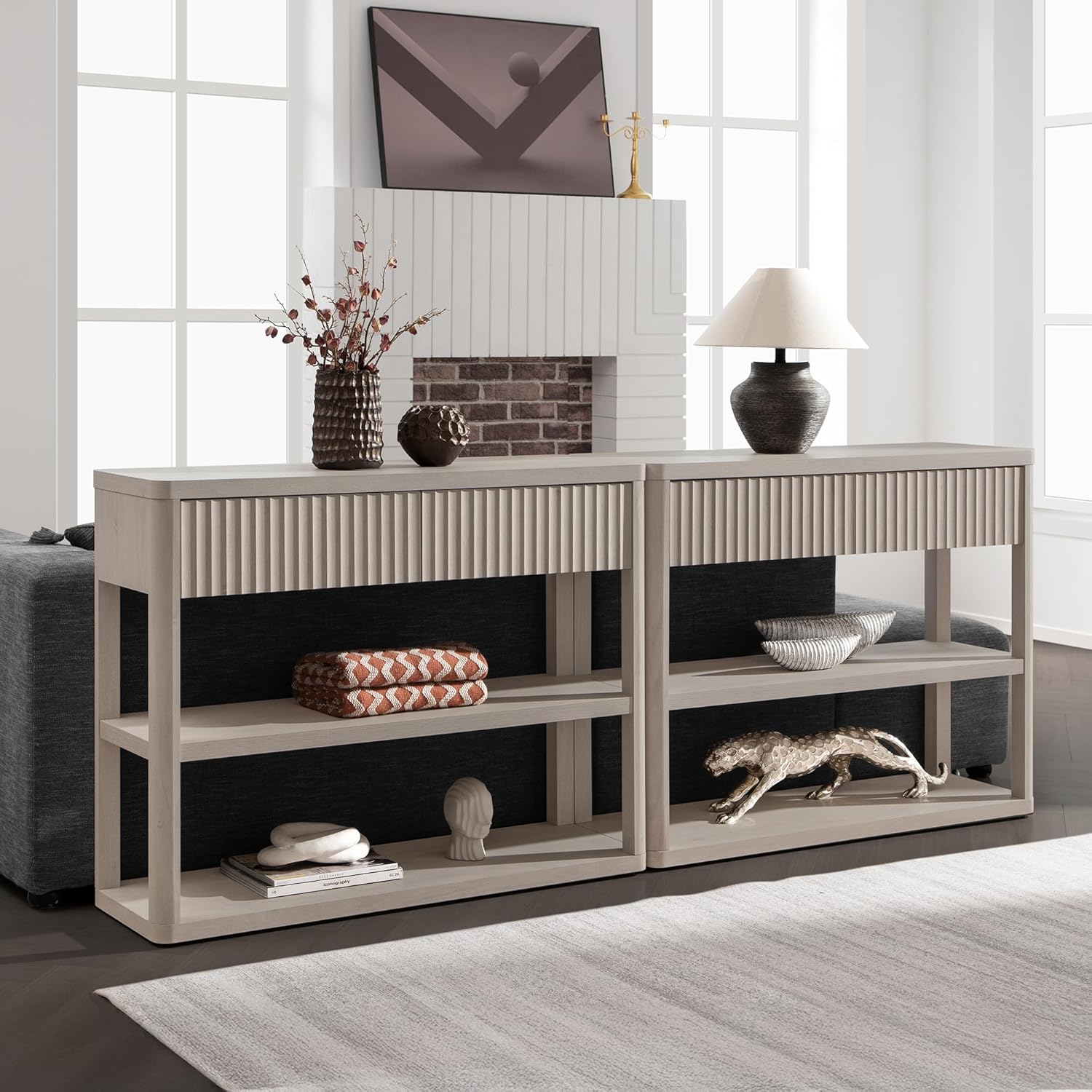 SICOTAS Fluted Entryway Table with Storage, 88.26" W Console Table with 4 Drawers & 4 Tier Storage Shelves, Modern Sofa Table Behind The Couch for Living Room, Entrance, Hallway, Foyer, White Alder