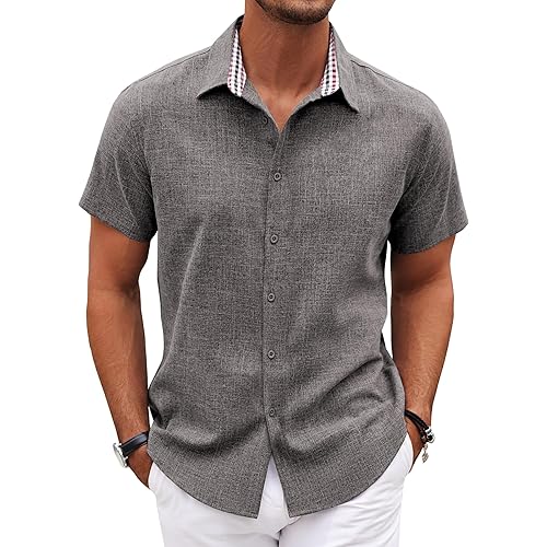 COOFANDY Mens Short Sleeve Button Down Shirts Casual Loose Fit Summer Beach Shirts Linen Texture Shirt