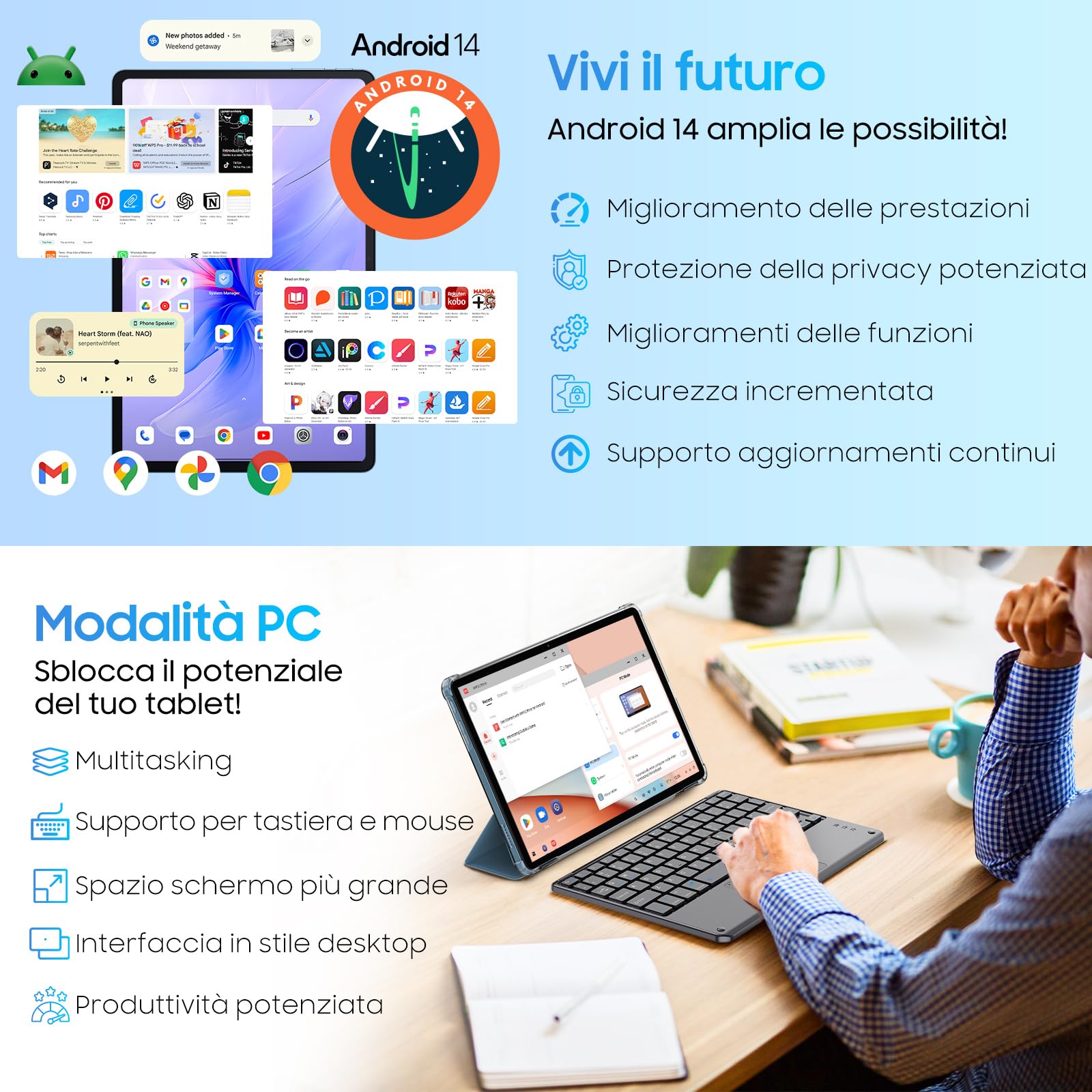 Blackview Android 14 Tablet Neflix 1080P, Tablet 11 Pollici 12GB RAM 128GB ROM, T606/Widevine L1/8200mAh/5G WiFi/8MP+13MP/Face ID/Gemini AI/2 Smart-K Speaker 2024 Octa Core Gaming Tablet