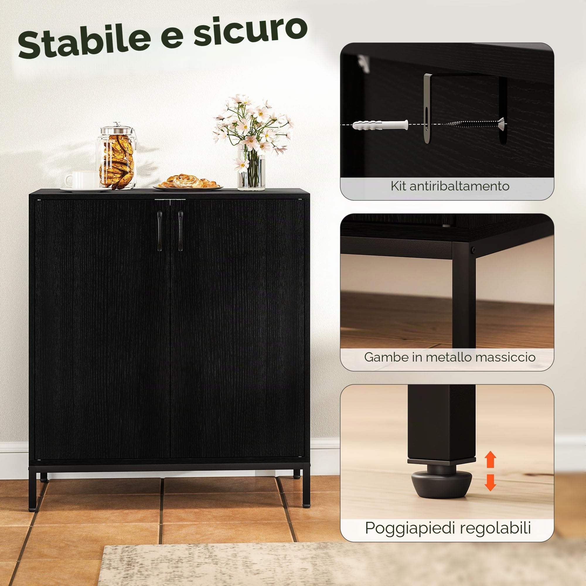 HOMCOM Credenza da soggiorno con 2 ante, credenza da cucina moderna, ripiano regolabile e base rialzata, per sala da pranzo, corridoio, camera da letto, 80x40x90 cm, nero