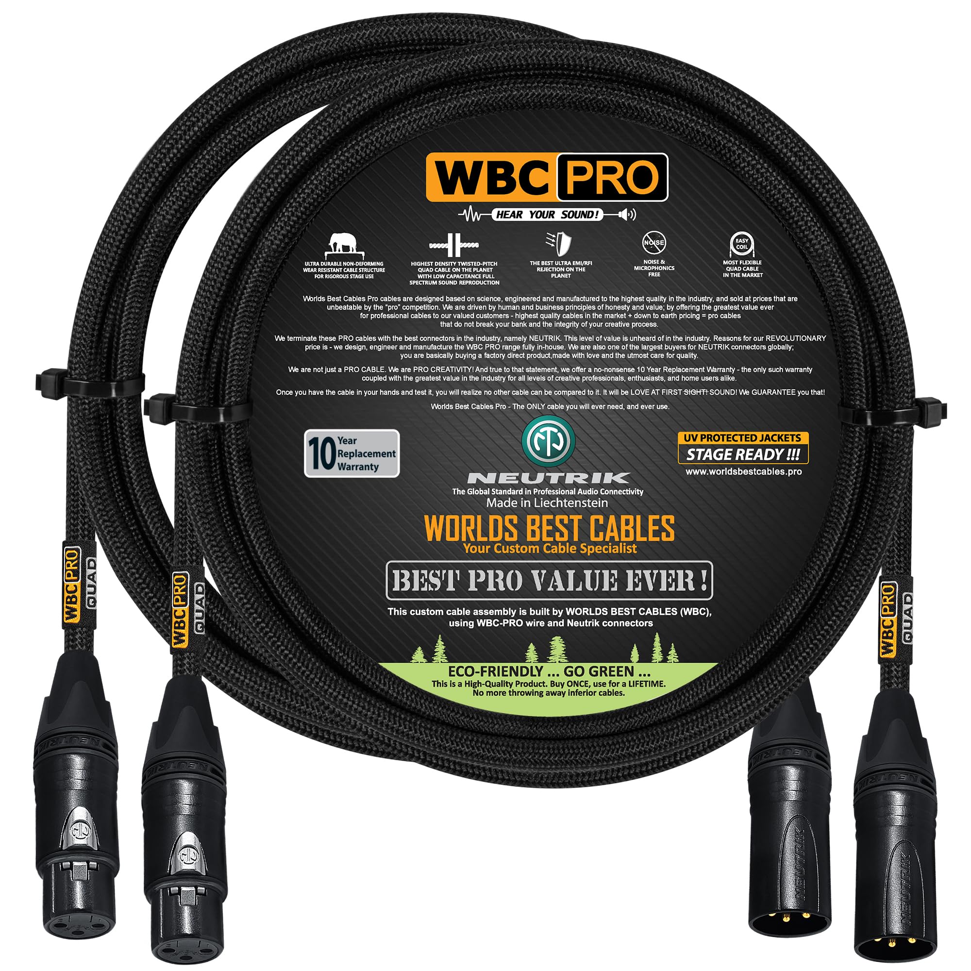 2 Units - 3 Foot - WBC-PRO-Quad Ultra-Silent Ultra-Flexible Balanced Star-Quad Cable with Neutrik Male & Female XLR Plugs & Black Tweed Jacket