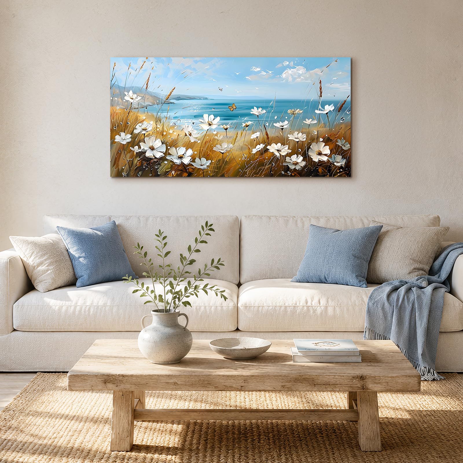MHARTK66 Tableau Decoration Murale Salon Fleurs Mer Paysage 60x120 cm