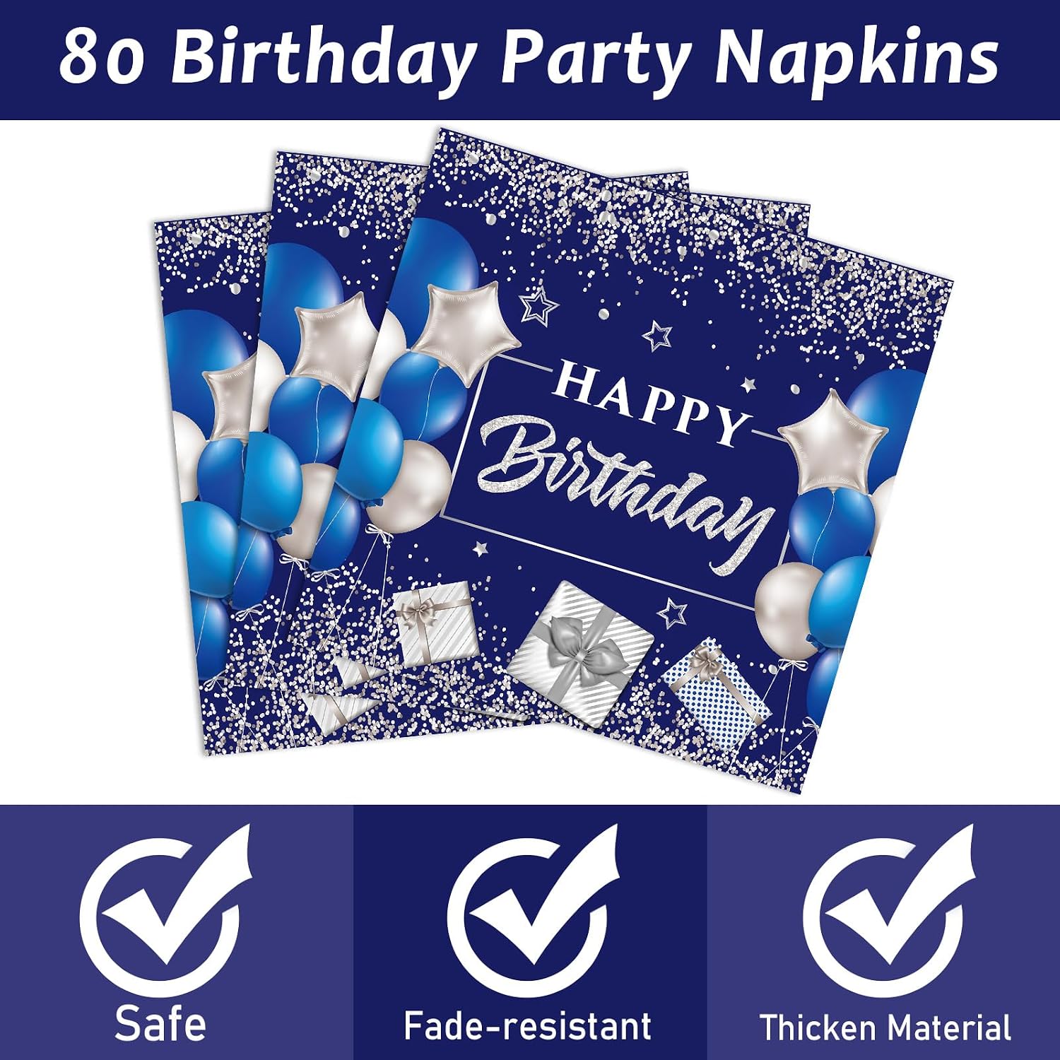 96 Pcs 80th Birthday Party Supplies Navy Blue and Silver Birthday Plates 80th Birthday Paper Tableware Happy Birthday Party Plates and Napkins Forks Blue Birthday Table Decorations for 24 Guests