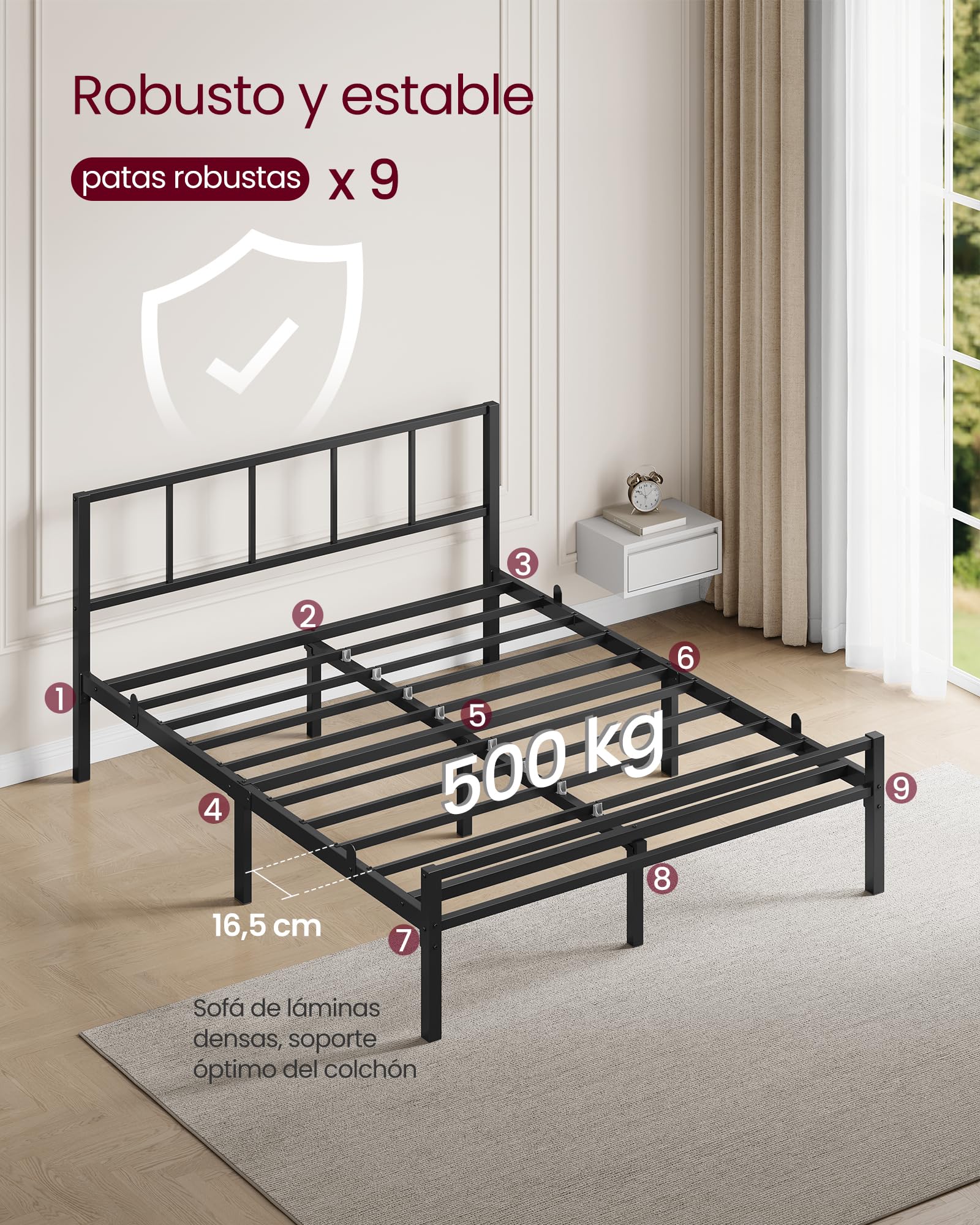 VASAGLE Cama de Matrimonio, 135 x 190 cm, Cabecero, Marco de Metal, Carga de 500 kg, Montaje Fácil, para Dormitorio, Negro Tinta RMB296B101