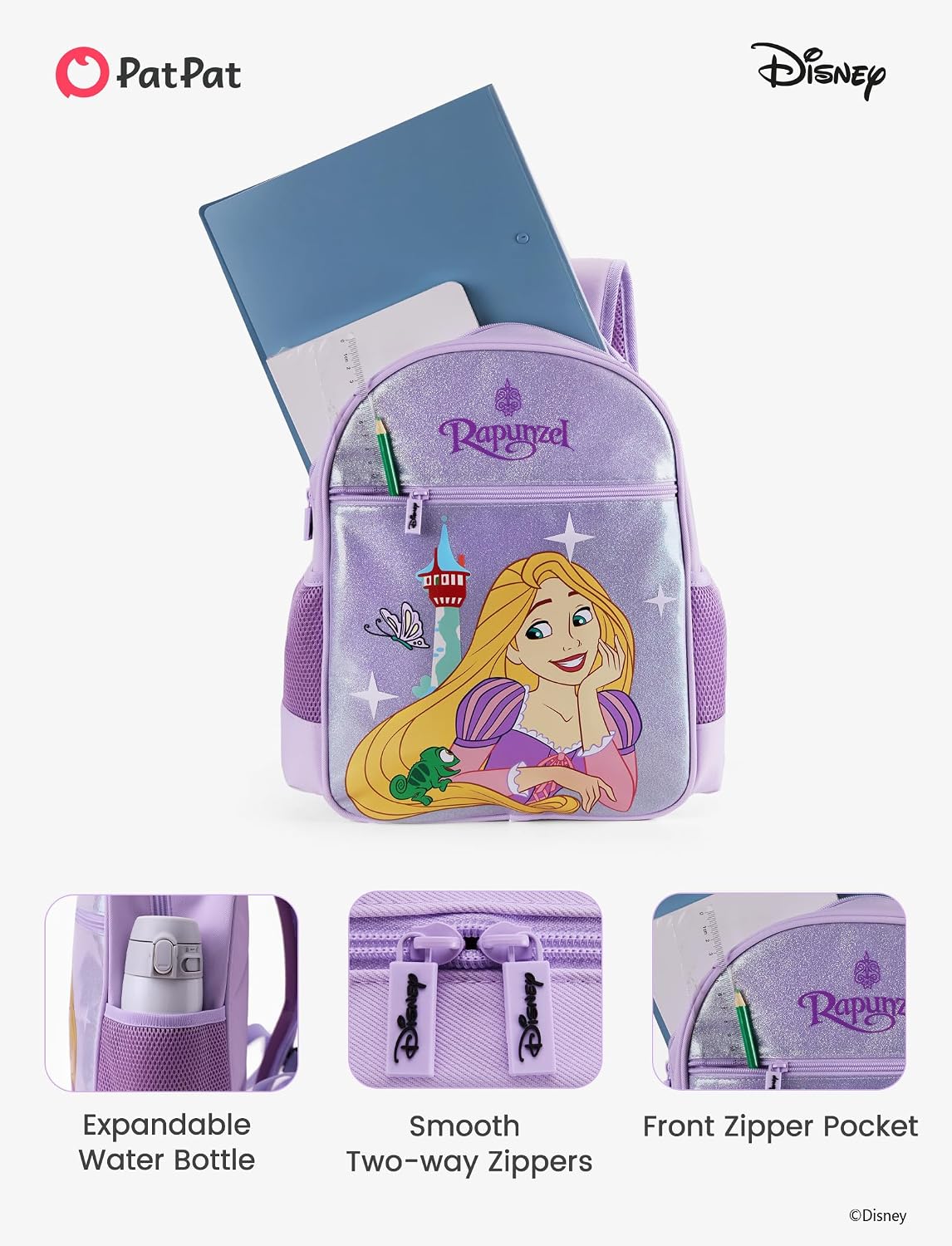 Disney Princess Rapunzel Toddler Backpack for Girls | Glitter Elementary Kindergarten Kids Bookbag | Medium 12L Preschool Daypack | Tangled