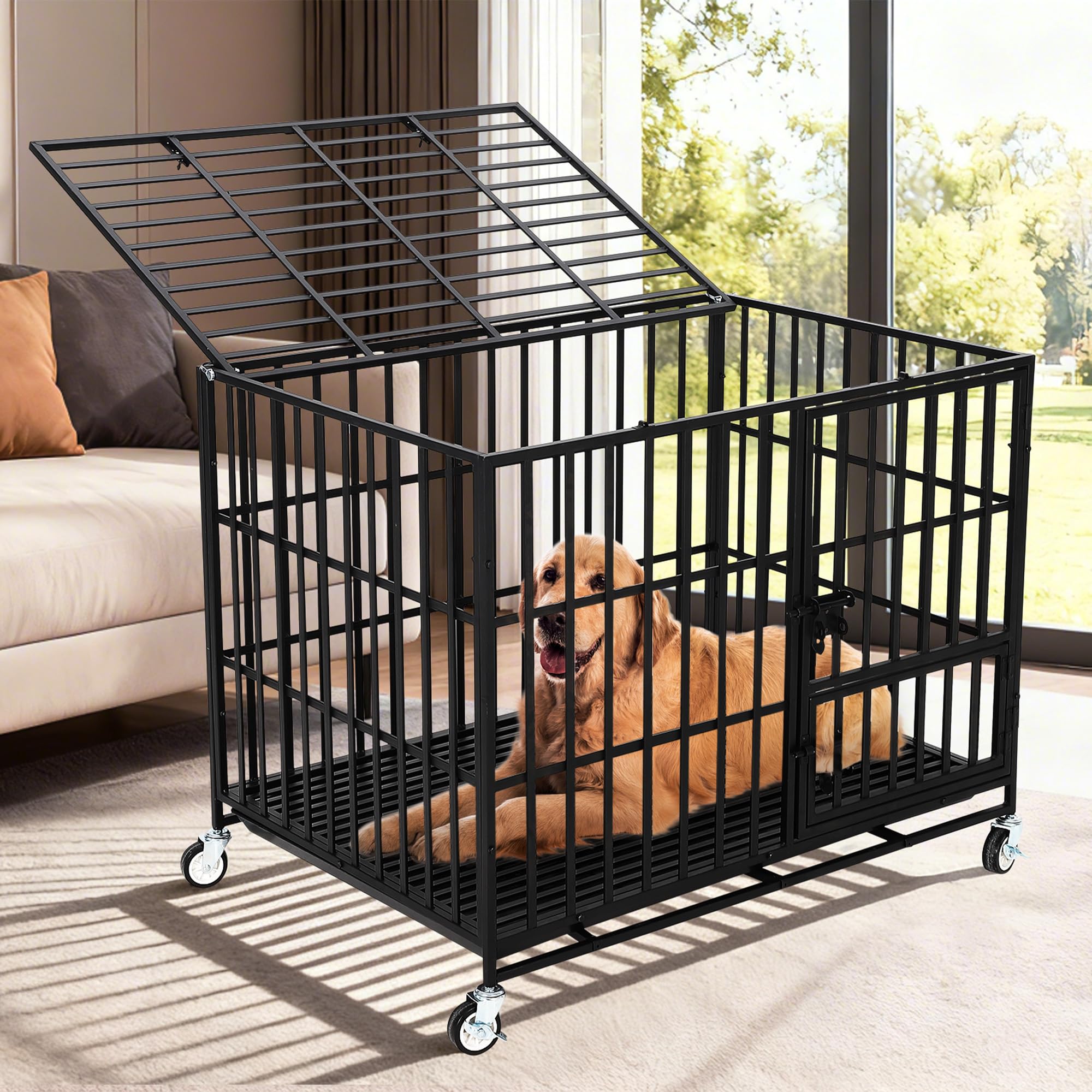 Hundekäfig Hochbelastbar Hundebox Gitterbox 125 * 80 * 92 cm für große Hunde mit Doppeltüren, 4 Verriegelbaren Rädern, Abnehmbarer Schale und Stabiler Sicherheitsverriegelung