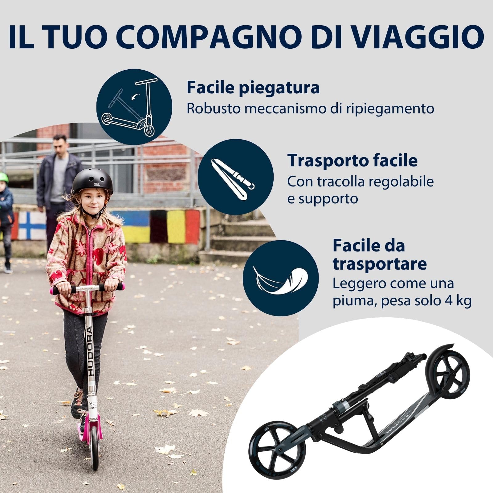 Teorema - Monopattino Scooter Urban GT per Bambini, con Telaio in Alluminio, Pieghevole, Ruote da 145 mm in PU, Cuscinetti ABEC-7, Altezza Regolabile fino a 100 cm, Porta Massima 100 kg