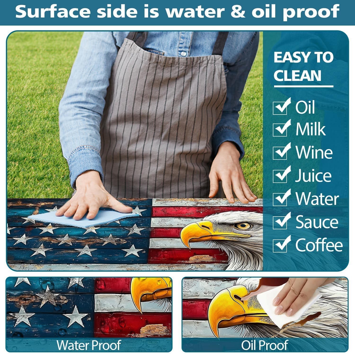 Picnic Table Cover with Bench Covers Elastic Edges, Vintage Wood American Flag Eagle Table Cover, Waterproof Windproof Fitted, for Outdoor Patry Picnic Patio Gatherings, Drawstring Bag, 96 Inch 3PCS