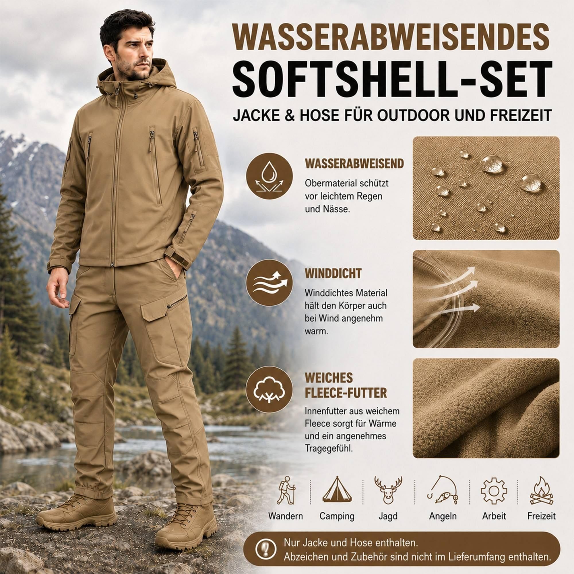 Taktischer Anzug Herren Set Jacke+Hose, Wasserabweisend, für Jagd Airsoft | robuste Qualität, winddicht, 16 Taschen (6+10), wasserabweisend 5000MM, für Militär Training Paintball Camping Angeln