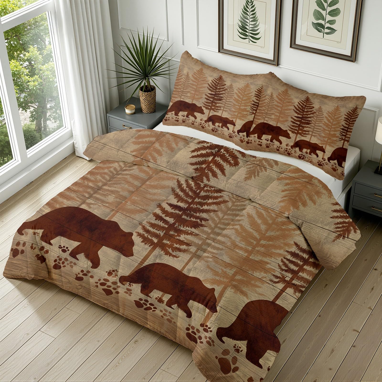 Rustikal Holz Optik Bettdecke Ohne Bezug - Waldtiere Bär Bettdecke 220x240 mit 2 Kissenbezug 80x80 cm - Waschbare Bettdecken Weich für 4 Jahreszeiten Duvet mit Reißverschluss
