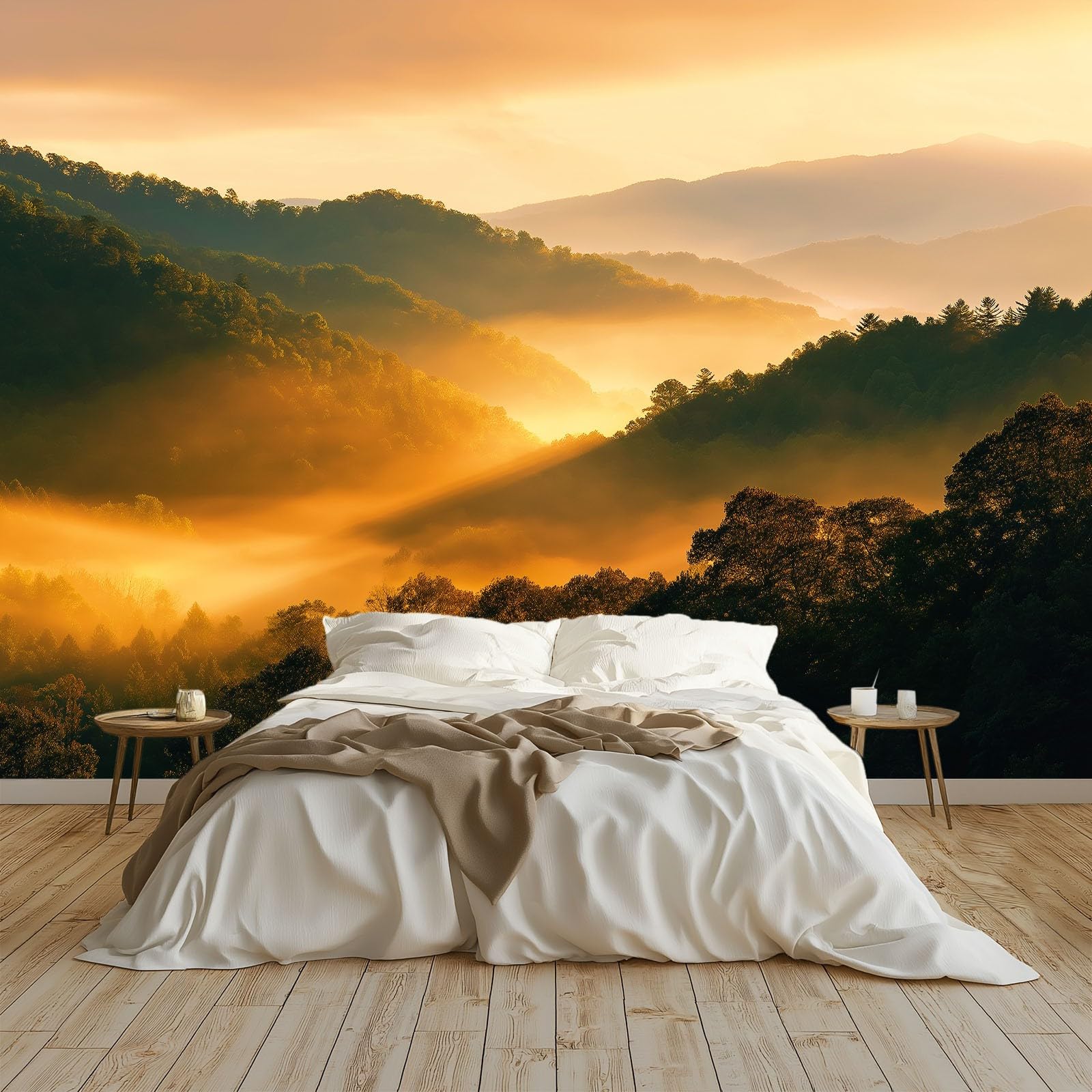 Panoramiczna tapeta krajobraz naturalny 350 cm x 256 cm, dekoracja ścienna salon mgła góry wschód słońca - tapeta nowoczesny design do pokoju dziecięcego dekoracja ścienna