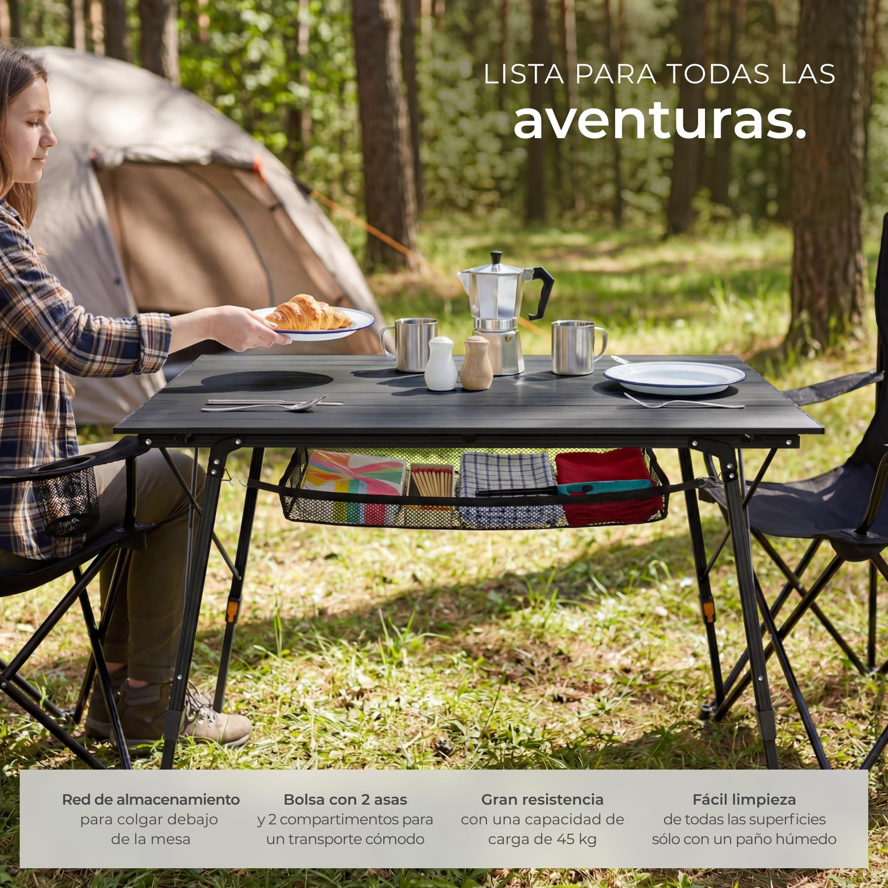 tectake® Mesa Camping Plegable con Altura Ajustable, Mesa Auxiliar de Aluminio con Topes, Mesa Exterior para Jardín, Terraza, Picnic, con Red Almacenamiento y Bolsa de Transporte, 120x70,5x79 - Negra
