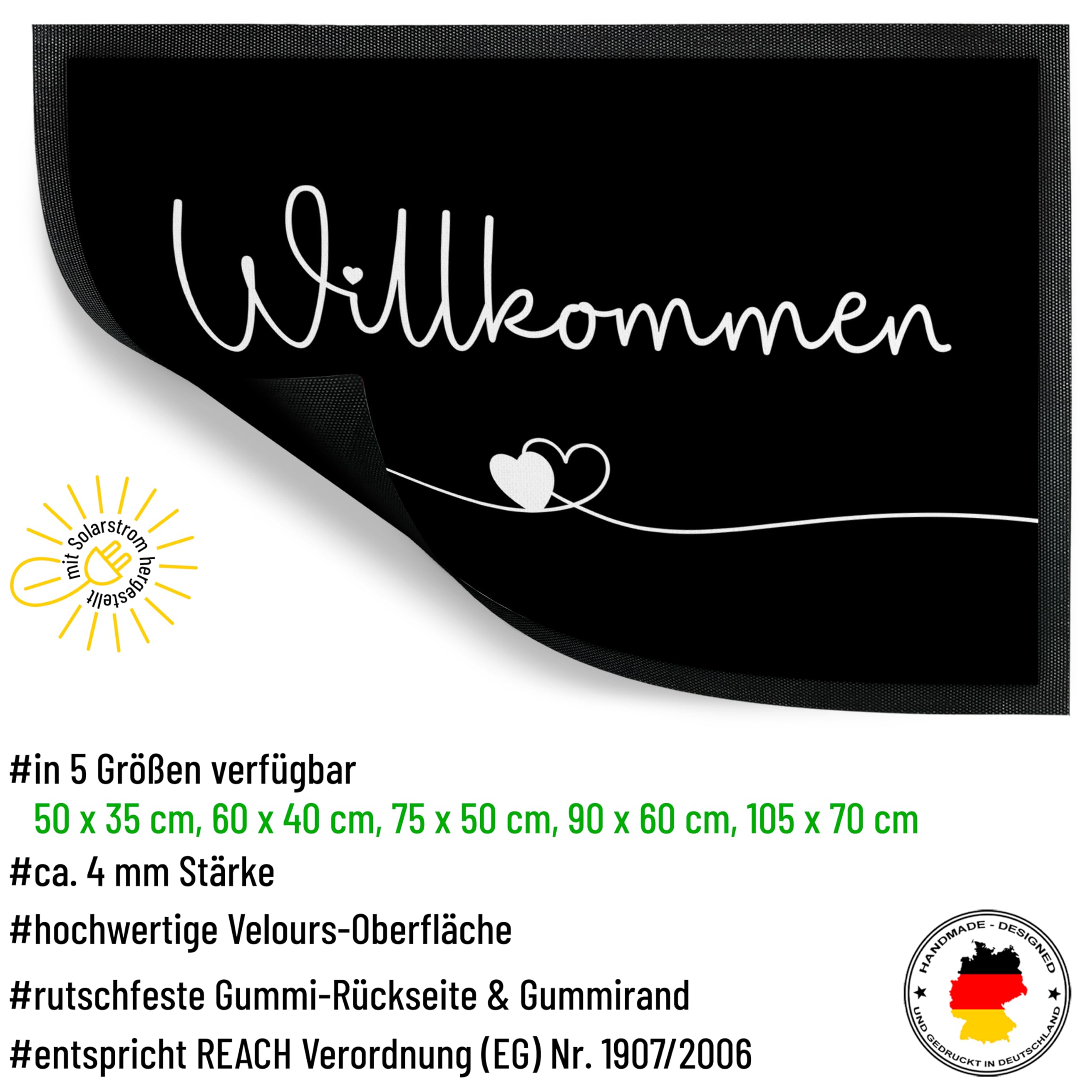 True Statements Fußmatte „Willkommen“ - Herzlinie - lustige Deko-Türmatte als Geschenk zum Einzug für innen und außen – Eingangsteppich mit verschiedenen Designs - dünn, rutschfest, 90 x 60 cm