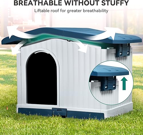 Miniatura 6 de YITAHOME Casa grande de plástico para perros con techo elevable, refugio para cachorros para interiores y exteriores, con base desmontable y ventana