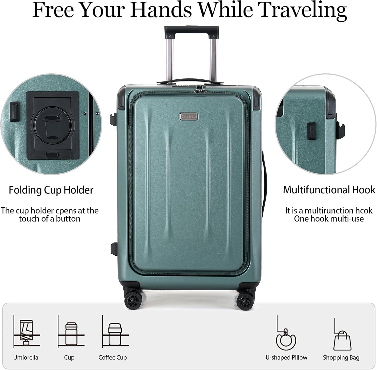 25 Inch Luggage, Top Opening Airline Approved ABS+PC Hard Shell Suitcases with Silent Wheels, TSA Lock,Front Pocket and Wet-dry Separated Six-piece Set(25 inch-Dark Green)