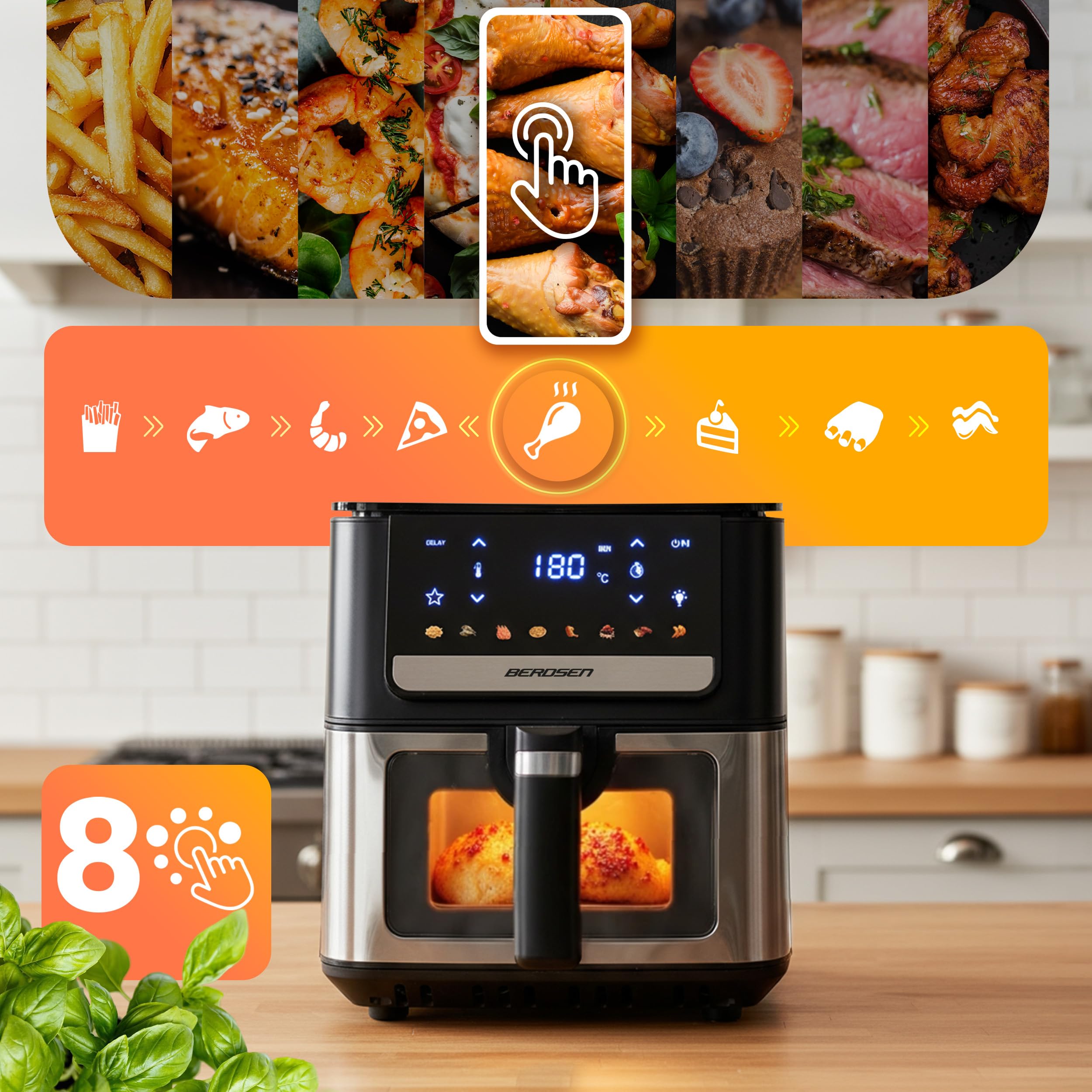 Berdsen Friggitrice ad aria calda XL, 6,5 l, con finestra e touchscreen, 1700 W, 8 programmi, lavabile in lavastoviglie