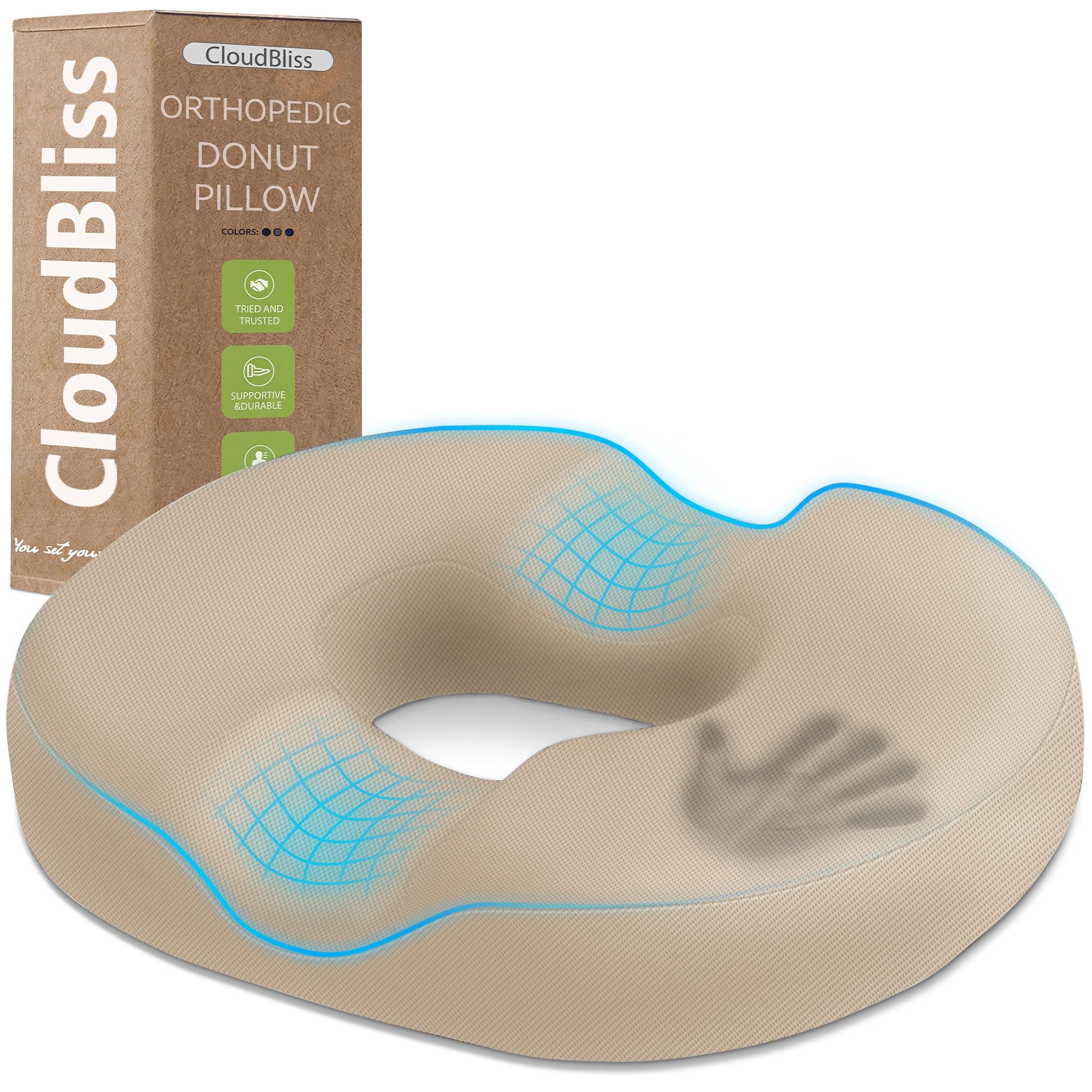 CloudBliss Donut Pillow Stadium Seat Cushion for Tailbone Pain Relief and Hemorrhoids, Memory Foam Seat Chair Cushion, Portable Seat Cushions for Bleachers, Car, Home &amp; Office