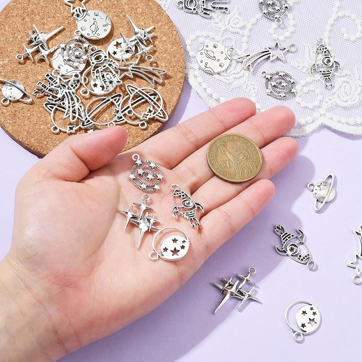 KitBeads 50pcs Tibetan Planet Mixed Styles Star Astronaut Rocket Charms - Antique Silver Space Universe Charms for Jewelry Making Bulk - Image 3