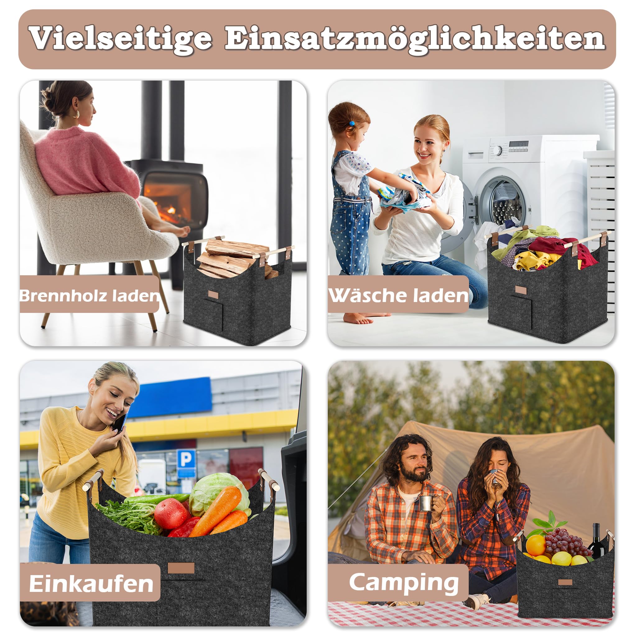 Aufun 4 x Brennholzkorb Holzkorb für Kaminholz, XXL Faltbarer Brennholzkorb | Filzkorb Extra dicker Filz und Griff, Groß Filztasche für Einkauf, Holz, Zeitung oder Brennholz (50x32x40 cm, Dunkelgrau)